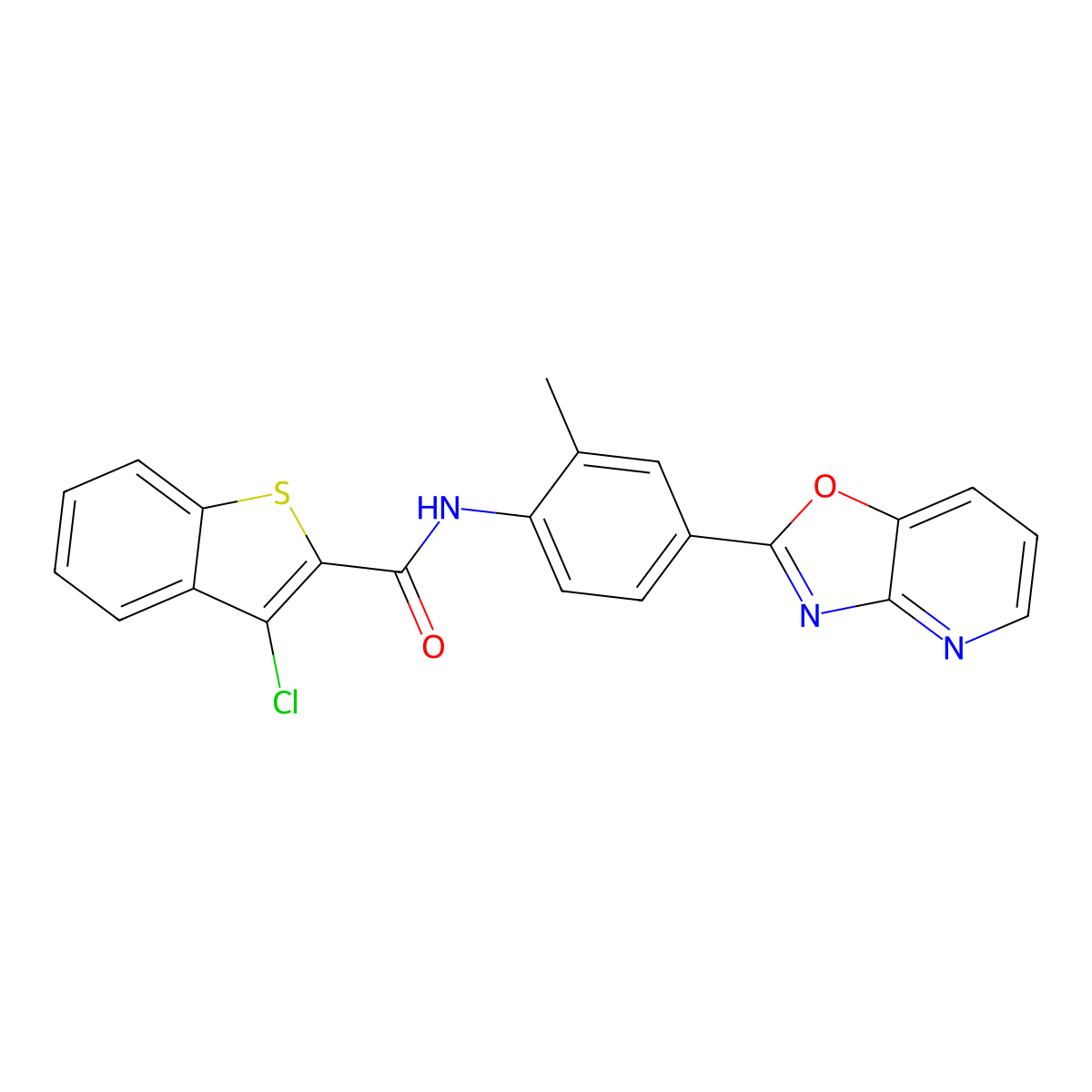 3-chloro-N-[2-methyl-4-([1,3]oxazolo[4,5-b]pyridin-2-yl)phenyl]-1-benzothiophene-2-carboxamide molecular structure, CAS 709626-86-8