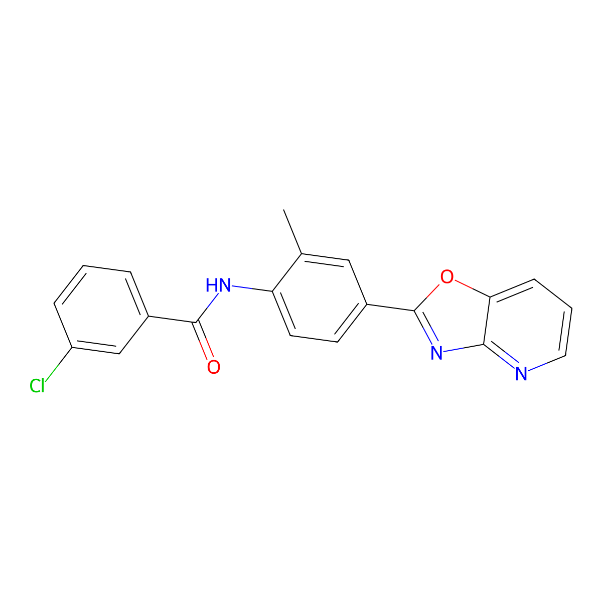 3-chloro-N-[2-methyl-4-([1,3]oxazolo[4,5-b]pyridin-2-yl)phenyl]benzamide molecular structure, CAS 709627-14-5