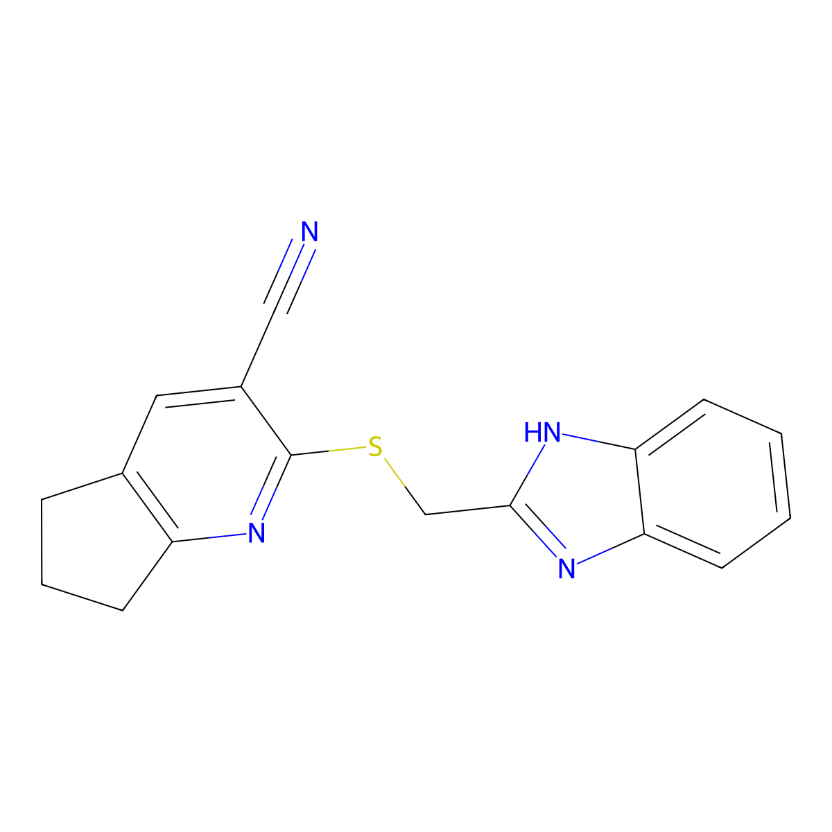 2-(1H-benzimidazol-2-ylmethylsulfanyl)-6,7-dihydro-5H-cyclopenta[b]pyridine-3-carbonitrile molecular structure, CAS 709628-70-6