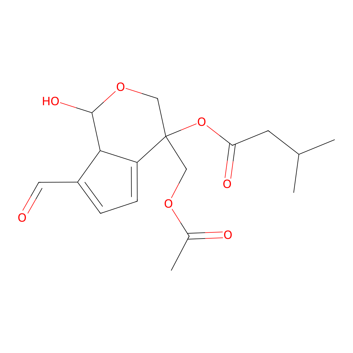 4-((Acetyloxy)methyl)-7-formyl-1-hydroxy-1,3,4,7a-tetrahydrocyclopenta(c)pyran-4-yl 3-methylbutanoate molecular structure, CAS 71013-41-7