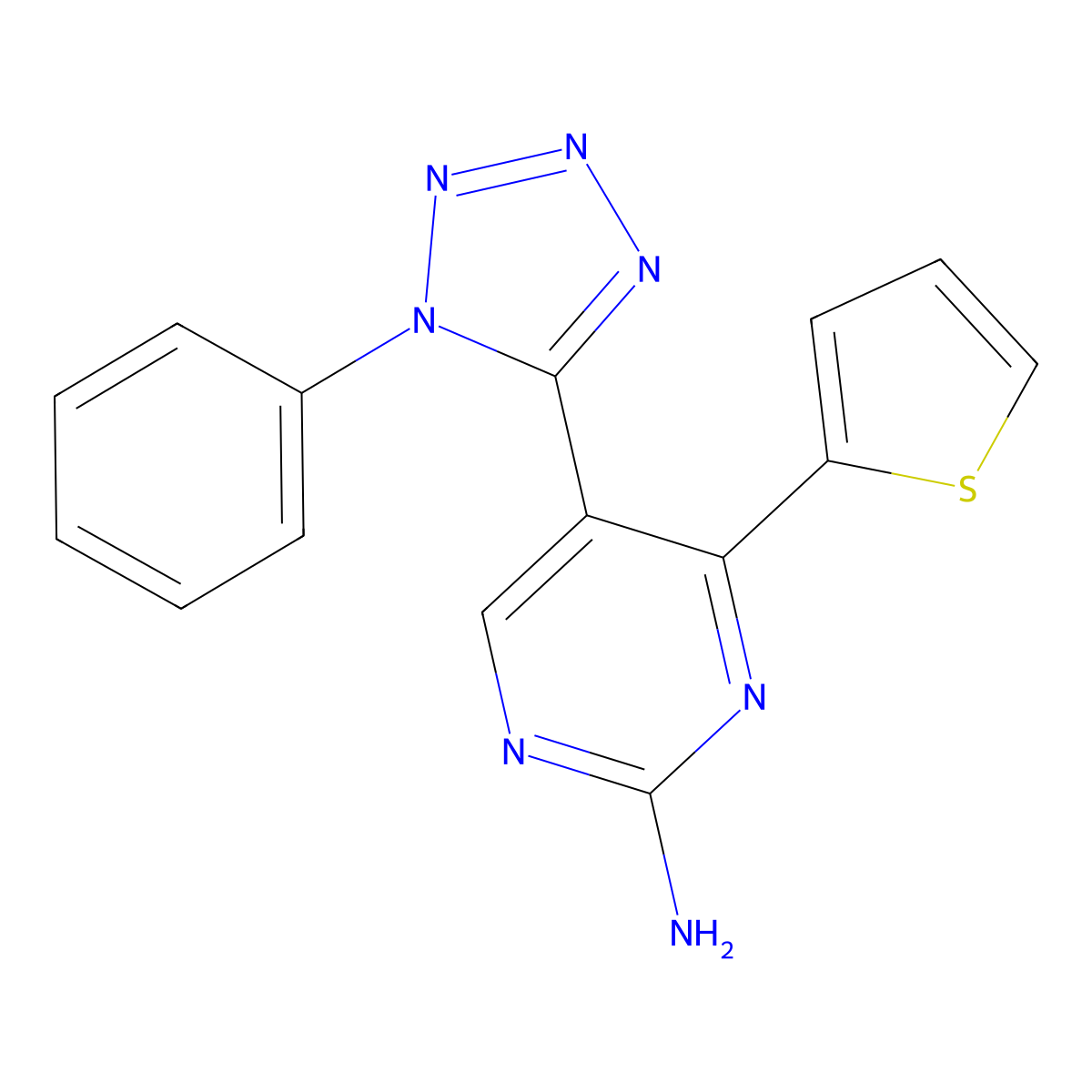 5-(1-phenyl-1H-tetraazol-5-yl)-4-thien-2-ylpyrimidin-2-amine molecular structure, CAS 710285-63-5