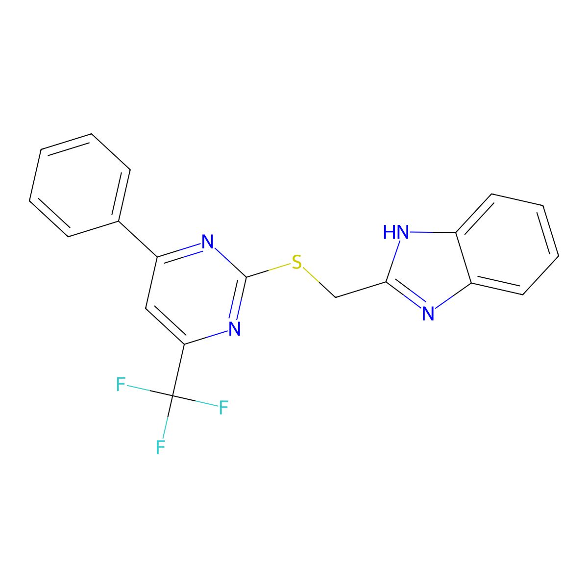 2-[[4-phenyl-6-(trifluoromethyl)pyrimidin-2-yl]sulfanylmethyl]-1H-benzimidazole molecular structure, CAS 710288-66-7