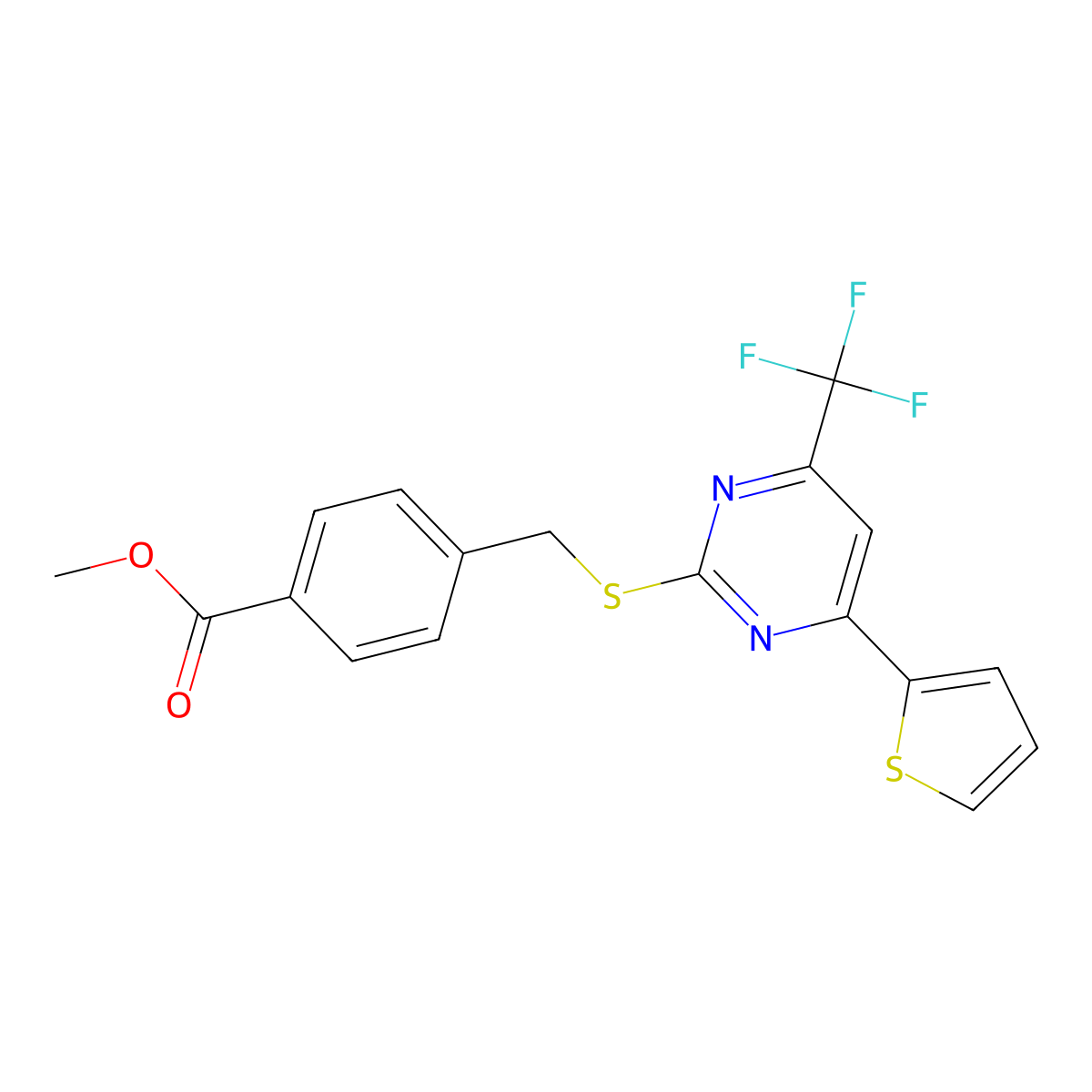 Methyl 4-({[4-(thiophen-2-yl)-6-(trifluoromethyl)pyrimidin-2-yl]sulfanyl}methyl)benzoate molecular structure, CAS 710288-68-9
