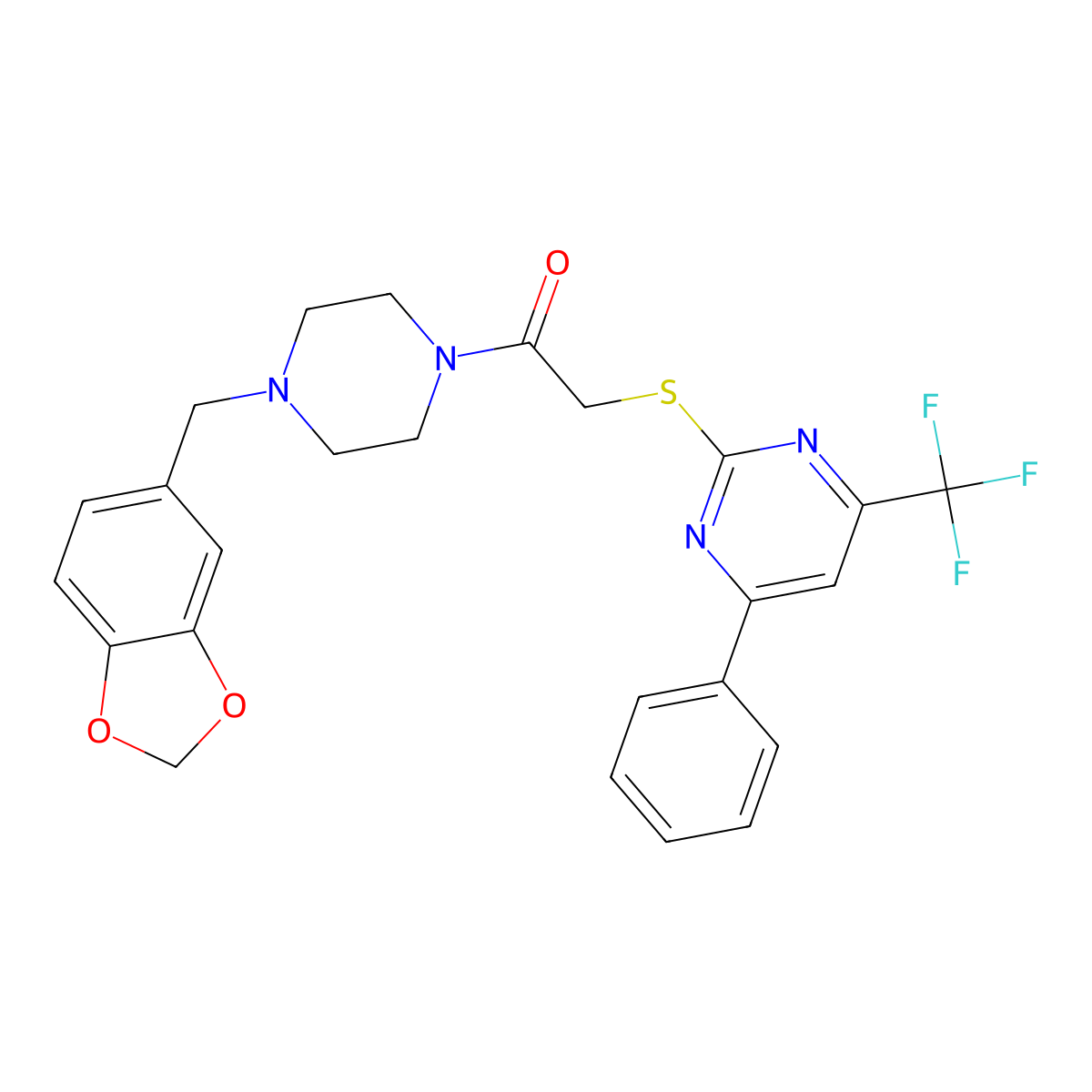 1-{4-[(2H-1,3-benzodioxol-5-yl)methyl]piperazin-1-yl}-2-{[4-phenyl-6-(trifluoromethyl)pyrimidin-2-yl]sulfanyl}ethan-1-one molecular structure, CAS 710288-75-8