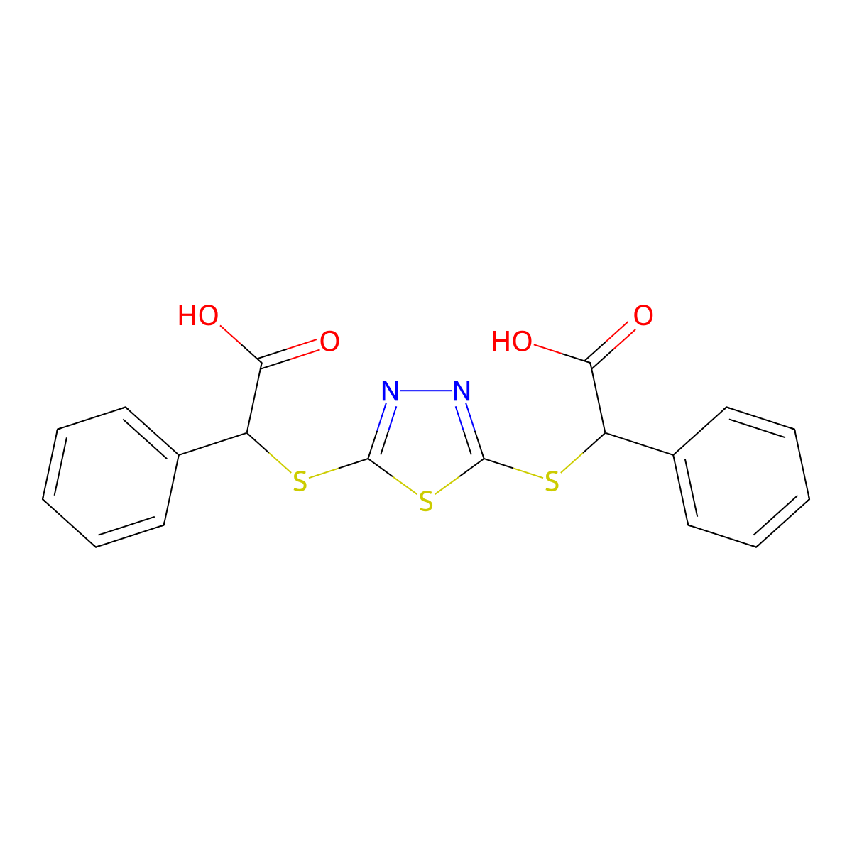 2-[(5-{[Carboxy(phenyl)methyl]sulfanyl}-1,3,4-thiadiazol-2-yl)sulfanyl]-2-phenylacetic acid molecular structure, CAS 710289-02-4