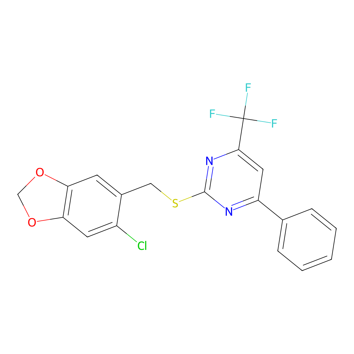 2-[(6-Chloro-1,3-benzodioxol-5-yl)methylsulfanyl]-4-phenyl-6-(trifluoromethyl)pyrimidine molecular structure, CAS 710289-06-8