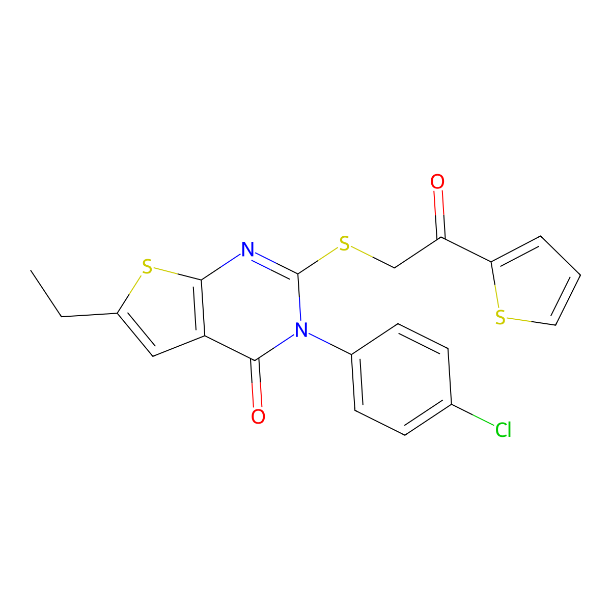 3-(4-Chlorophenyl)-6-ethyl-2-(2-oxo-2-thiophen-2-ylethyl)sulfanylthieno[2,3-d]pyrimidin-4-one molecular structure, CAS 710289-37-5
