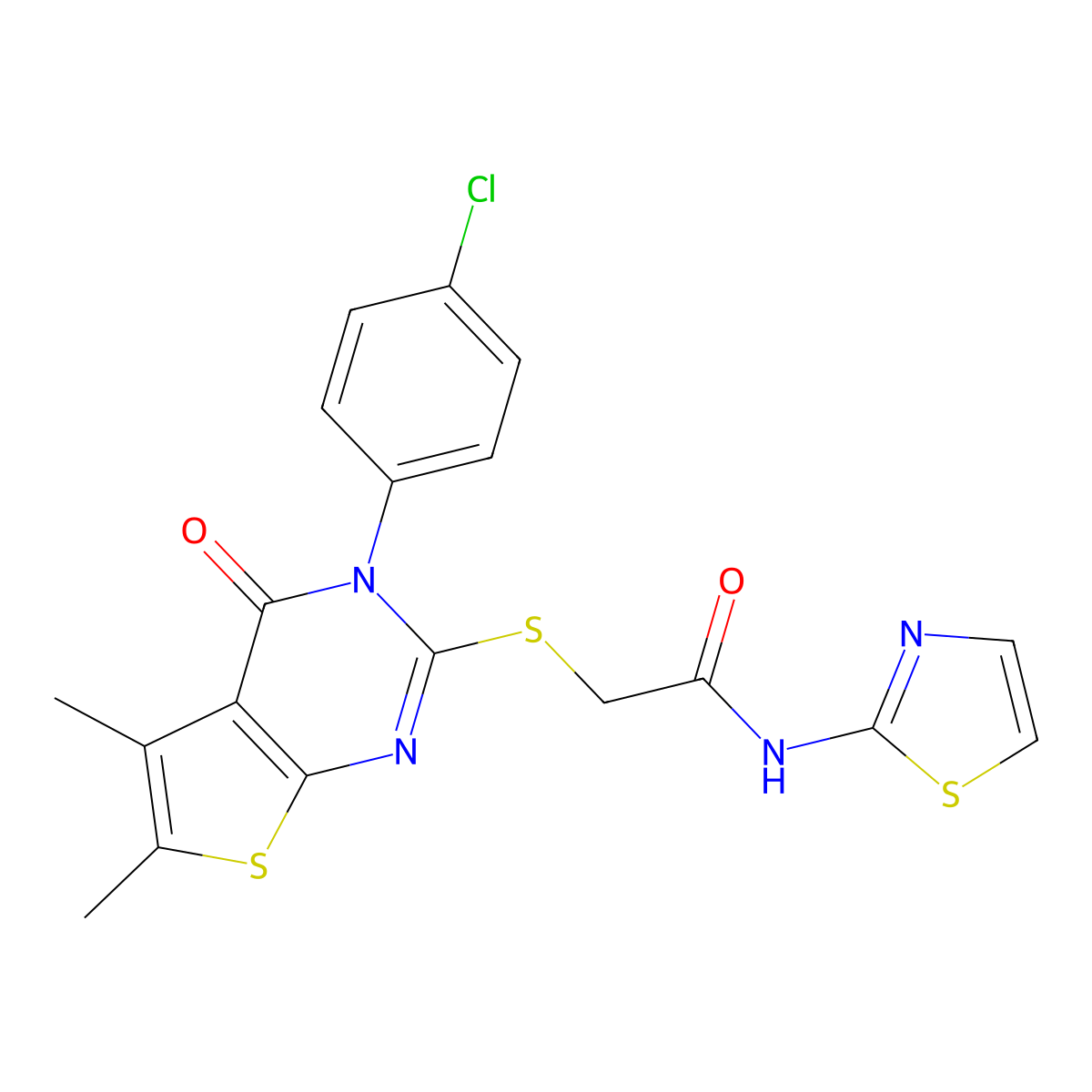 2-[3-(4-chlorophenyl)-5,6-dimethyl-4-oxothieno[2,3-d]pyrimidin-2-yl]sulfanyl-N-(1,3-thiazol-2-yl)acetamide molecular structure, CAS 710289-39-7