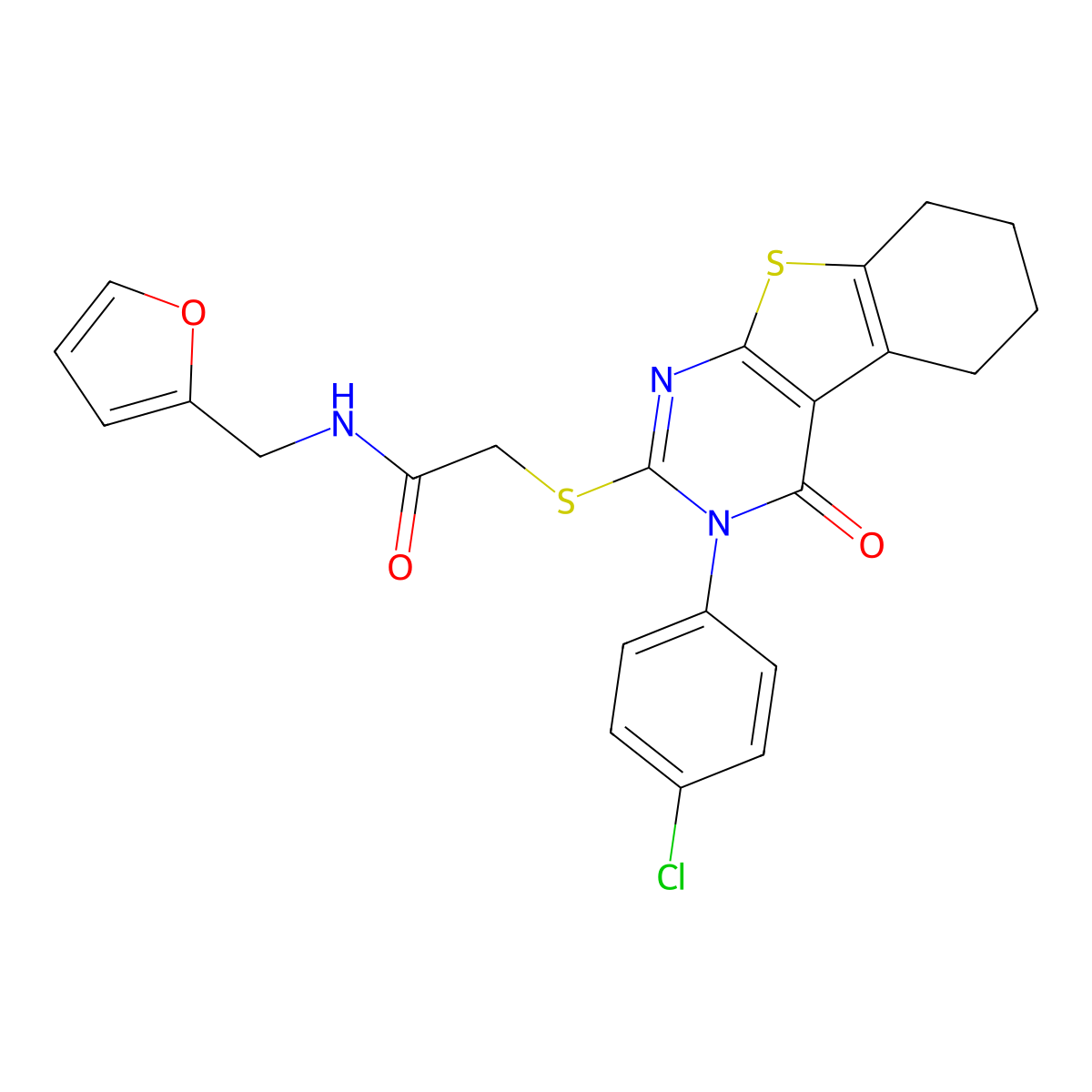 2-[[3-(4-chlorophenyl)-4-oxo-5,6,7,8-tetrahydro-[1]benzothiolo[2,3-d]pyrimidin-2-yl]sulfanyl]-N-(furan-2-ylmethyl)acetamide molecular structure, CAS 710289-43-3