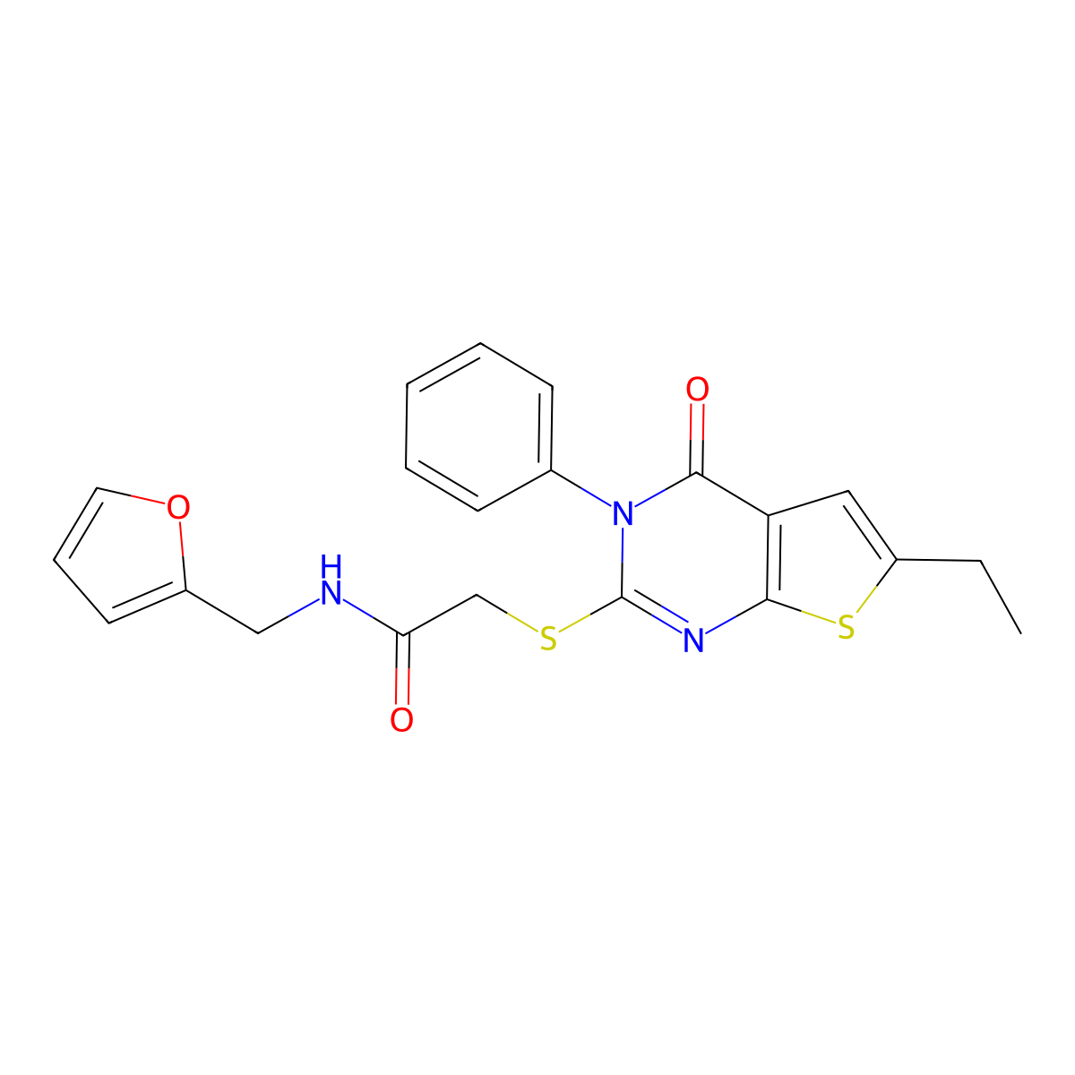 2-(6-ethyl-4-oxo-3-phenylthieno[2,3-d]pyrimidin-2-yl)sulfanyl-N-(furan-2-ylmethyl)acetamide molecular structure, CAS 710289-52-4