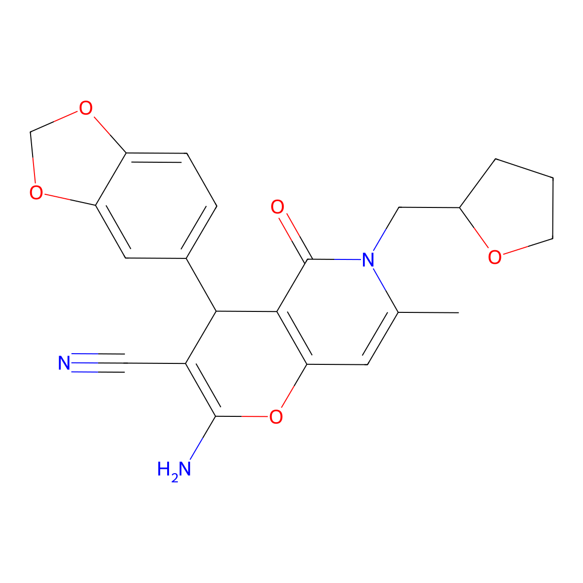 2-amino-4-(1,3-benzodioxol-5-yl)-7-methyl-5-oxo-6-(tetrahydrofuran-2-ylmethyl)-5,6-dihydro-4H-pyrano[3,2-c]pyridine-3-carbonitrile molecular structure, CAS 710317-06-9