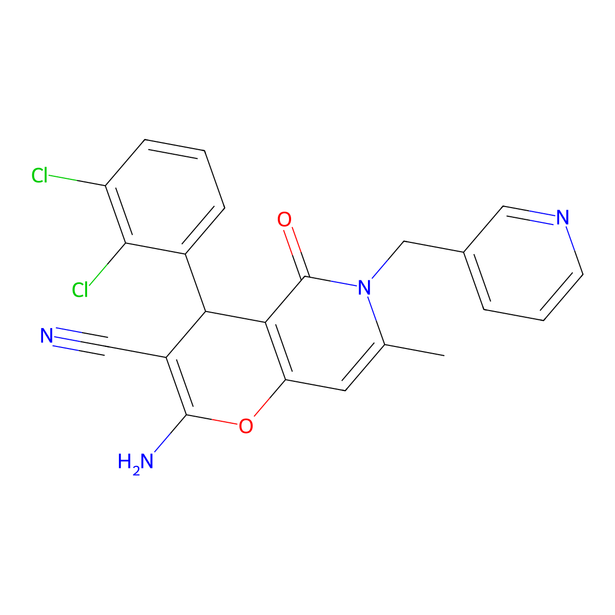 2-amino-4-(2,3-dichlorophenyl)-7-methyl-5-oxo-6-(pyridin-3-ylmethyl)-5,6-dihydro-4H-pyrano[3,2-c]pyridine-3-carbonitrile molecular structure, CAS 710317-09-2