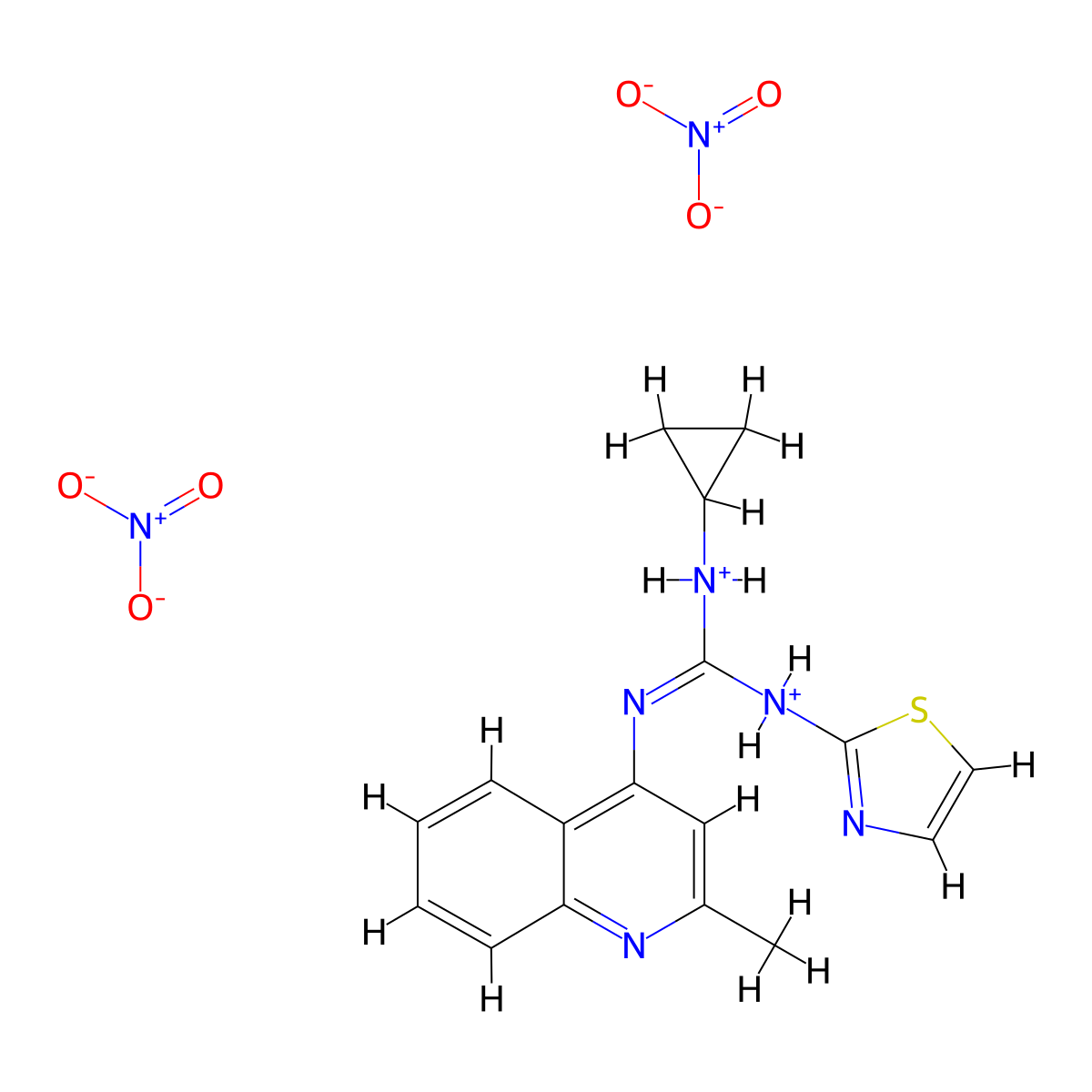 Guanidine, 1-cyclopropyl-2-(2-methyl-4-quinolyl)-3-(2-thiazolyl)-, dinitrate molecular structure, CAS 71079-56-6