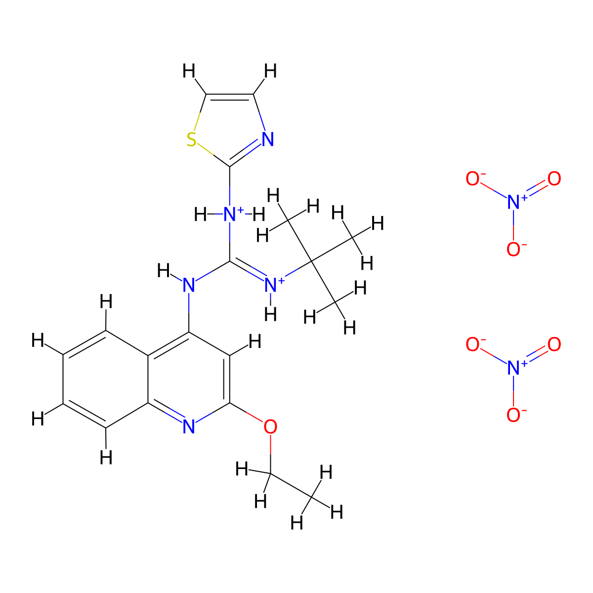 Guanidine, 1-tert-butyl-2-(2-ethoxy-4-quinolyl)-3-(2-thiazolyl)-, dinitrate molecular structure, CAS 71079-87-3