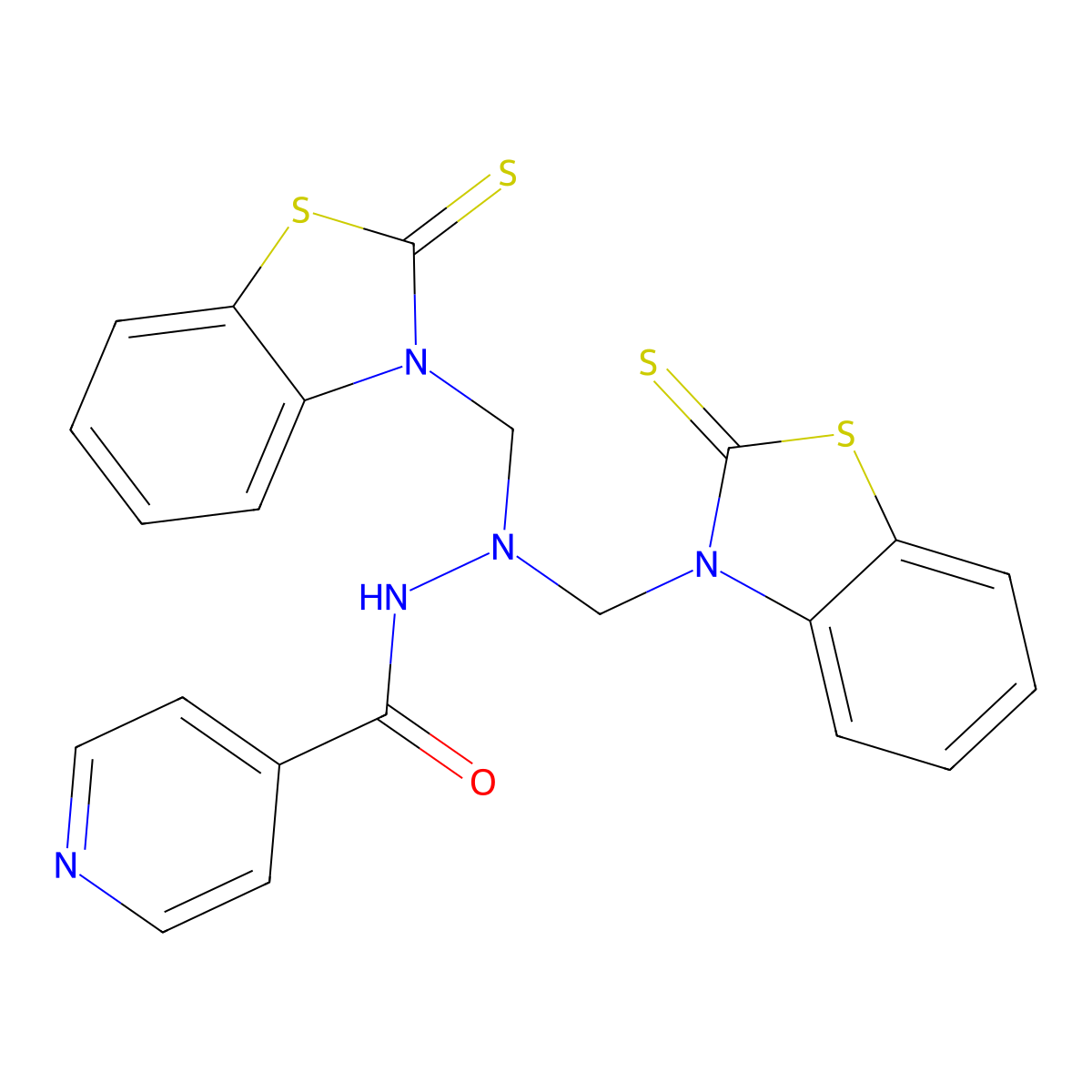 4-Pyridinecarboxylic acid 2,2-bis((2-thioxo-3(2H)-benzothiazolyl)methyl)hydrazide molecular structure, CAS 71085-96-6