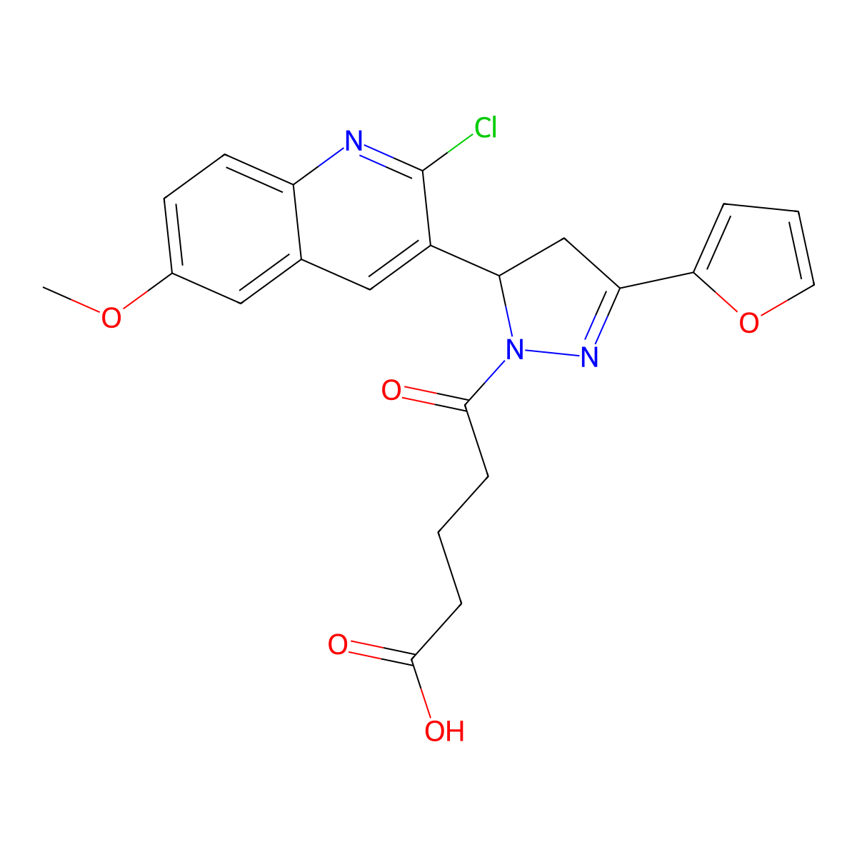5-[3-(2-Chloro-6-methoxy-3-quinolinyl)-5-(2-furanyl)-3,4-dihydropyrazol-2-yl]-5-oxopentanoic acid molecular structure, CAS 710967-65-0