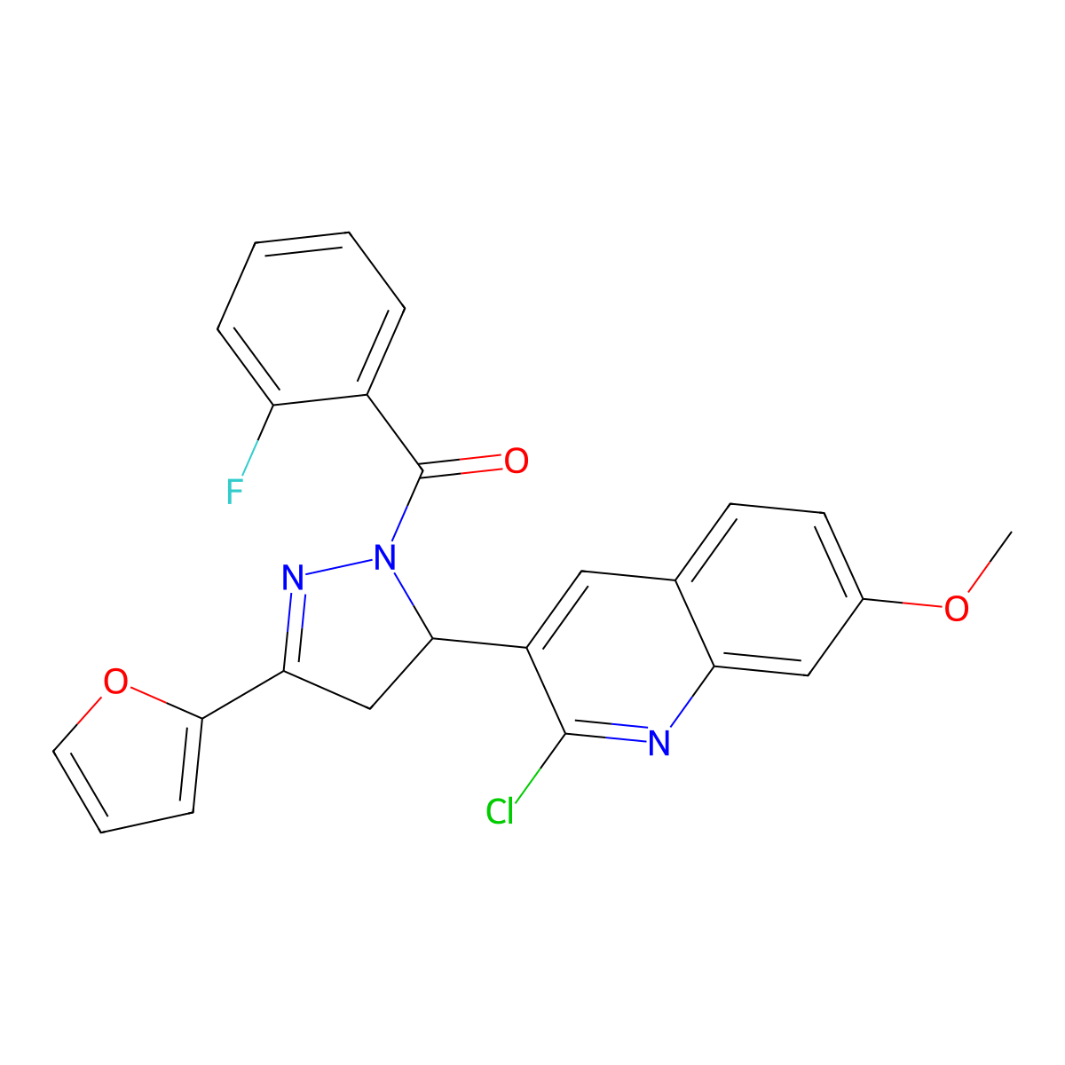 [3-(2-Chloro-7-methoxyquinolin-3-yl)-5-(furan-2-yl)-3,4-dihydropyrazol-2-yl]-(2-fluorophenyl)methanone molecular structure, CAS 710967-66-1