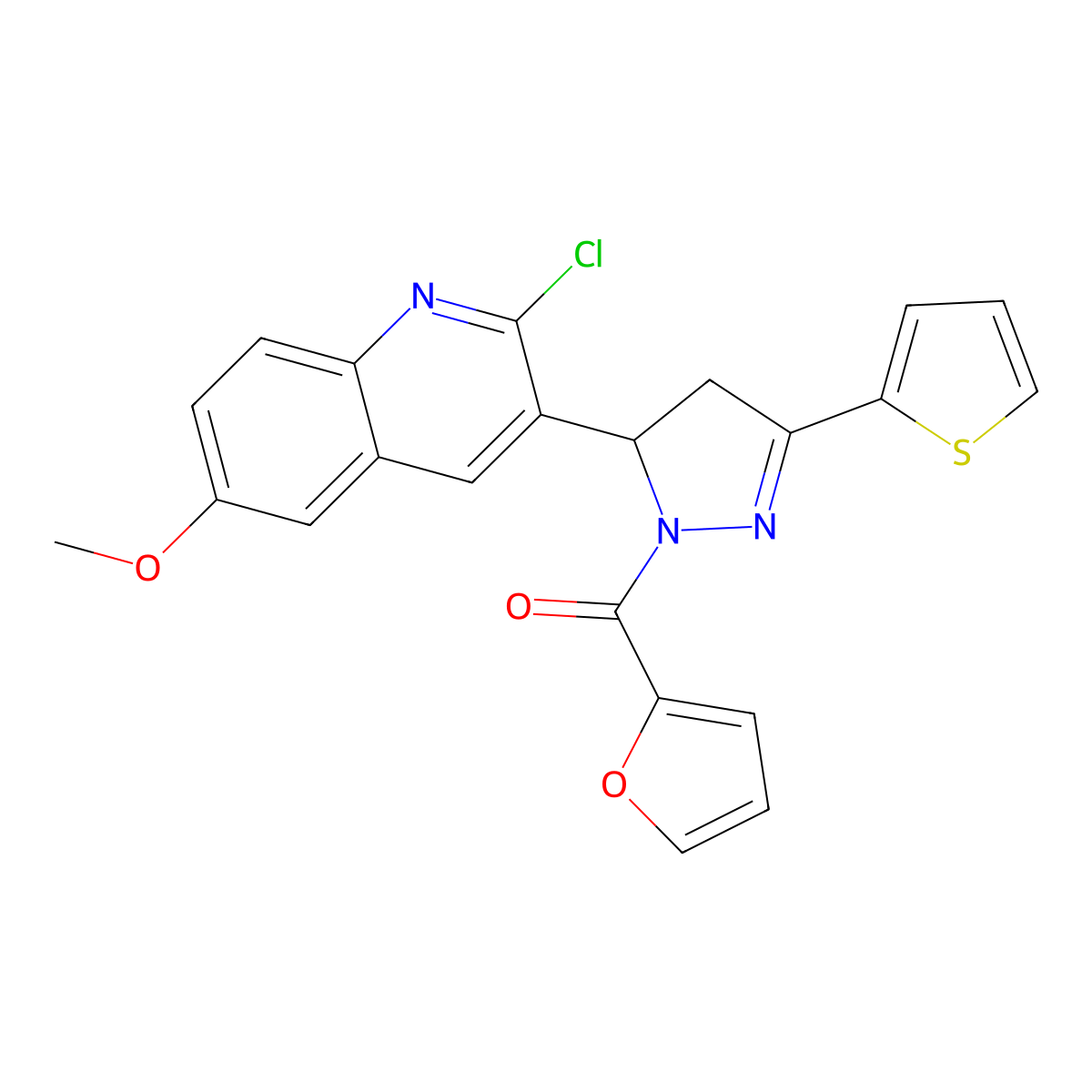 (5-(2-chloro-6-methoxyquinolin-3-yl)-3-(thiophen-2-yl)-4,5-dihydro-1H-pyrazol-1-yl)(furan-2-yl)methanone molecular structure, CAS 710967-74-1