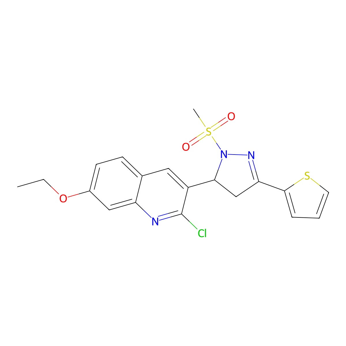 2-chloro-7-ethoxy-3-(1-(methylsulfonyl)-3-(thiophen-2-yl)-4,5-dihydro-1H-pyrazol-5-yl)quinoline molecular structure, CAS 710967-76-3