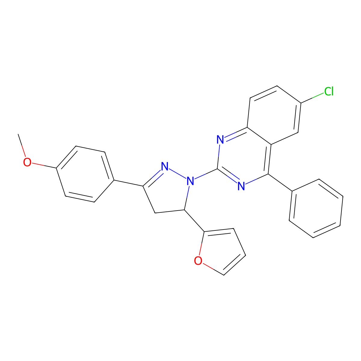 6-chloro-2-(5-(furan-2-yl)-3-(4-methoxyphenyl)-4,5-dihydro-1H-pyrazol-1-yl)-4-phenylquinazoline molecular structure, CAS 710967-82-1