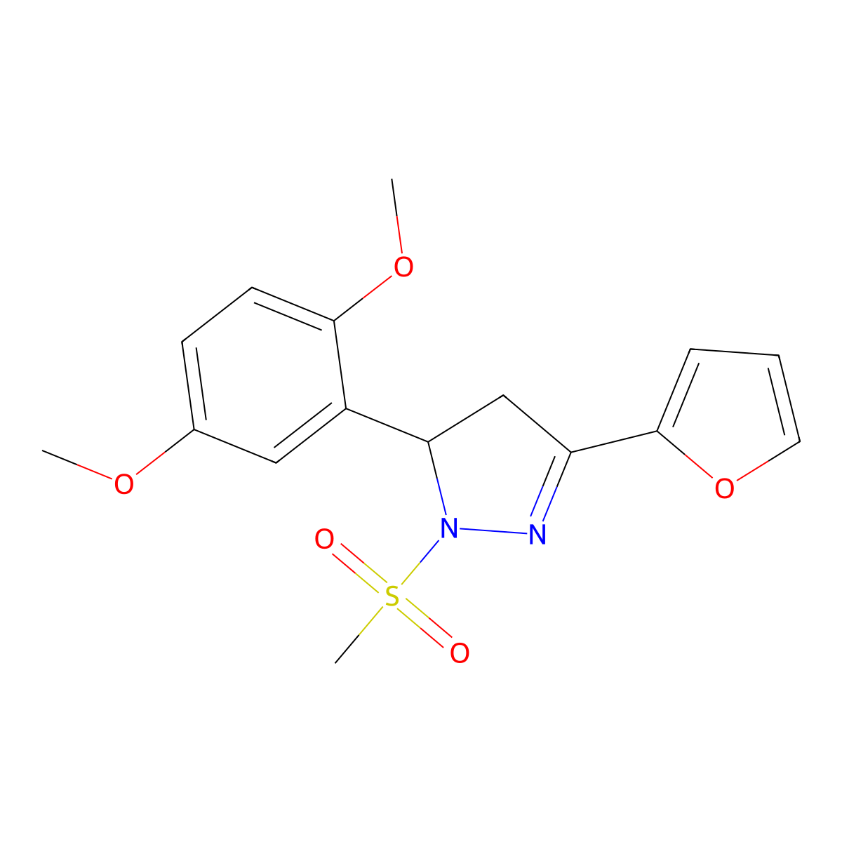 5-(2,5-dimethoxyphenyl)-3-(furan-2-yl)-1-(methylsulfonyl)-4,5-dihydro-1H-pyrazole molecular structure, CAS 710967-85-4
