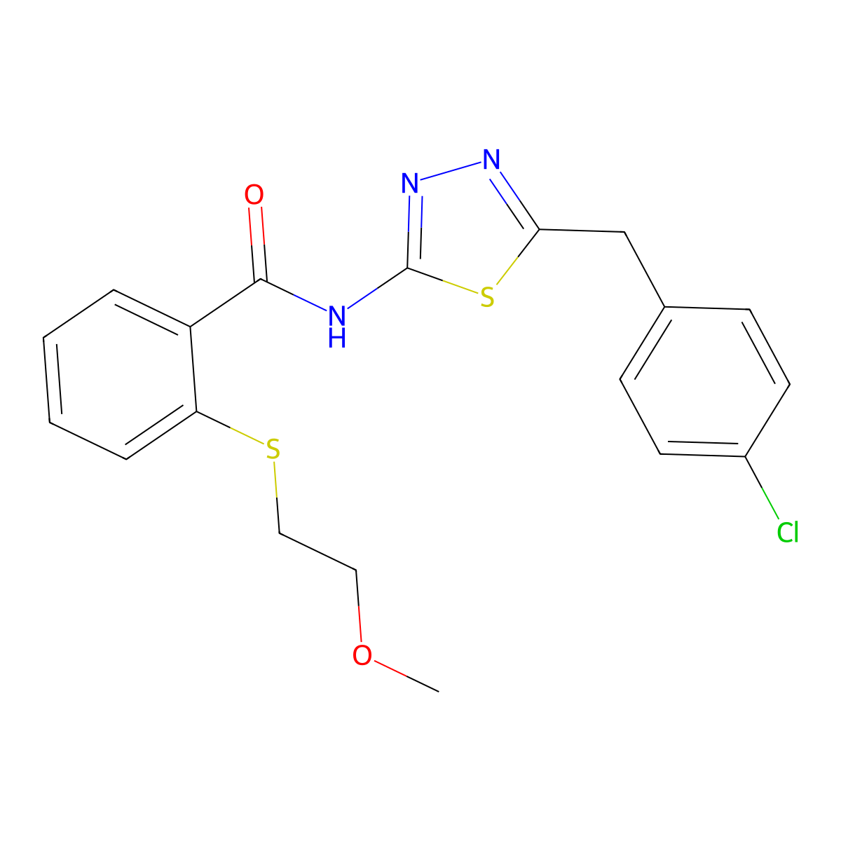N-[5-[(4-chlorophenyl)methyl]-1,3,4-thiadiazol-2-yl]-2-(2-methoxyethylsulfanyl)benzamide molecular structure, CAS 710972-31-9
