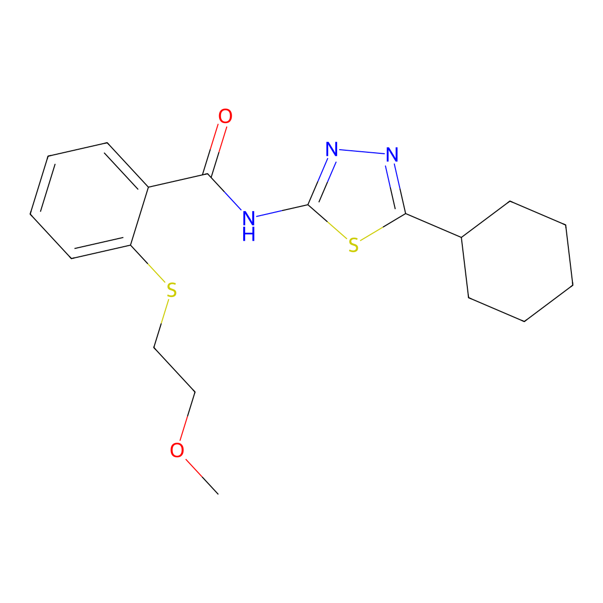 N-(5-cyclohexyl-1,3,4-thiadiazol-2-yl)-2-(2-methoxyethylsulfanyl)benzamide molecular structure, CAS 710972-39-7