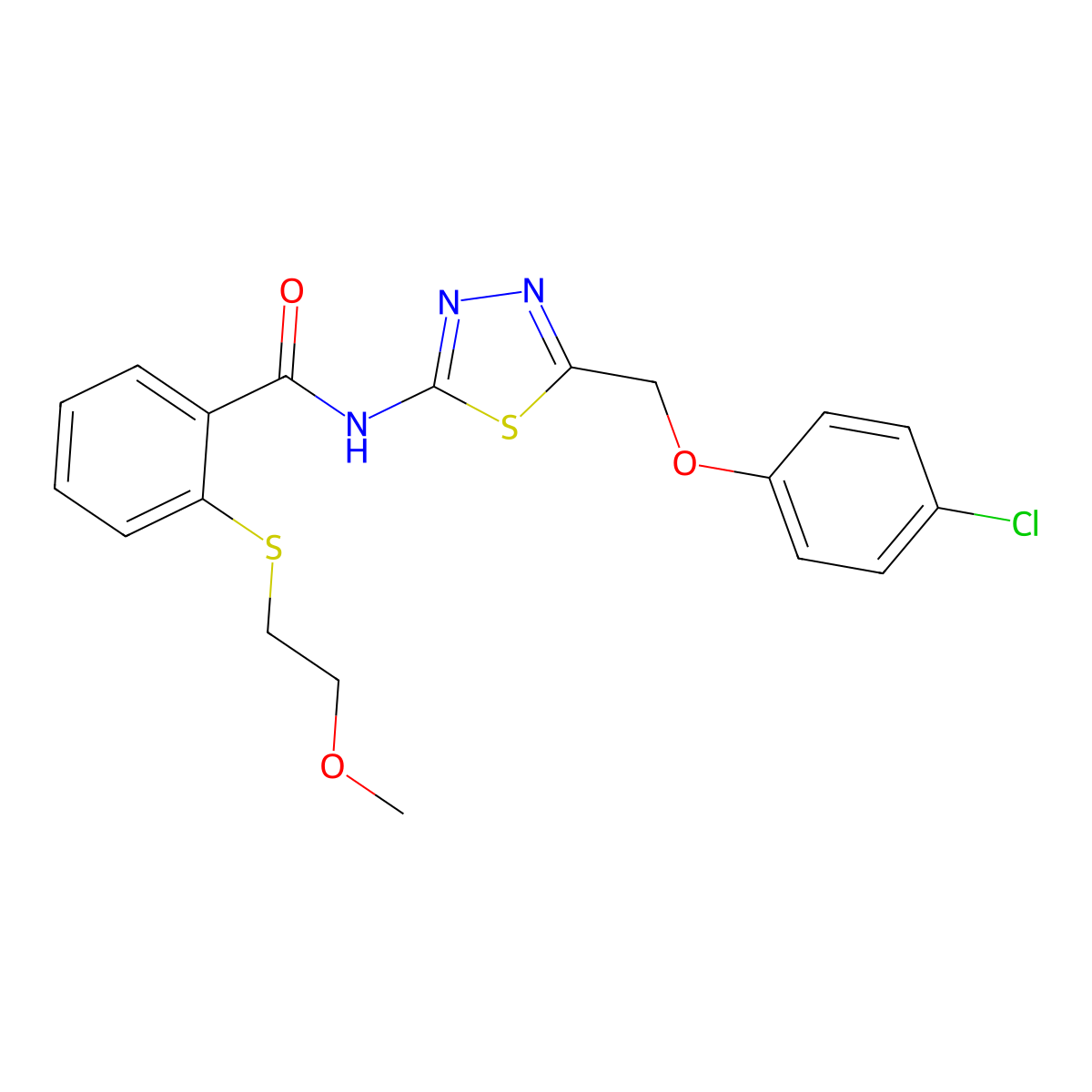 N-[5-[(4-chlorophenoxy)methyl]-1,3,4-thiadiazol-2-yl]-2-(2-methoxyethylsulfanyl)benzamide molecular structure, CAS 710972-43-3
