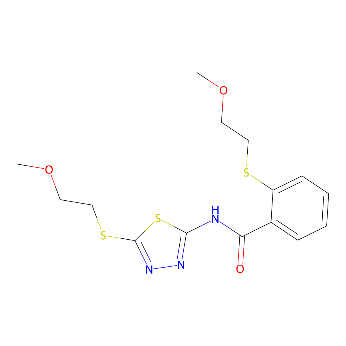 2-(2-methoxyethylsulfanyl)-N-[5-(2-methoxyethylsulfanyl)-1,3,4-thiadiazol-2-yl]benzamide molecular structure, CAS 710973-25-4