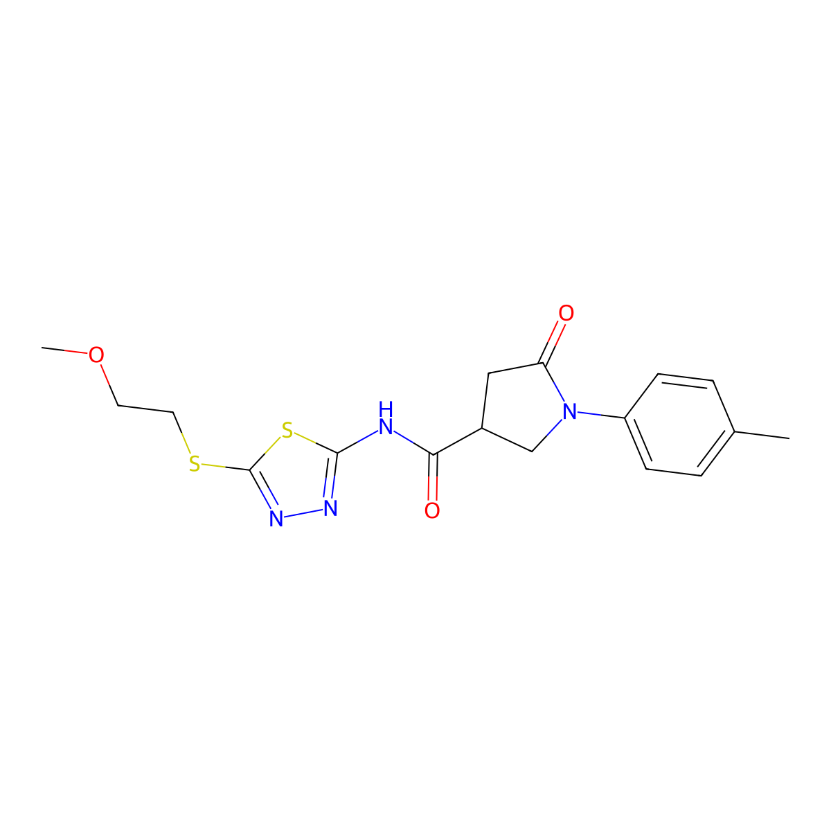 N-[5-(2-methoxyethylsulfanyl)-1,3,4-thiadiazol-2-yl]-1-(4-methylphenyl)-5-oxopyrrolidine-3-carboxamide molecular structure, CAS 710973-35-6