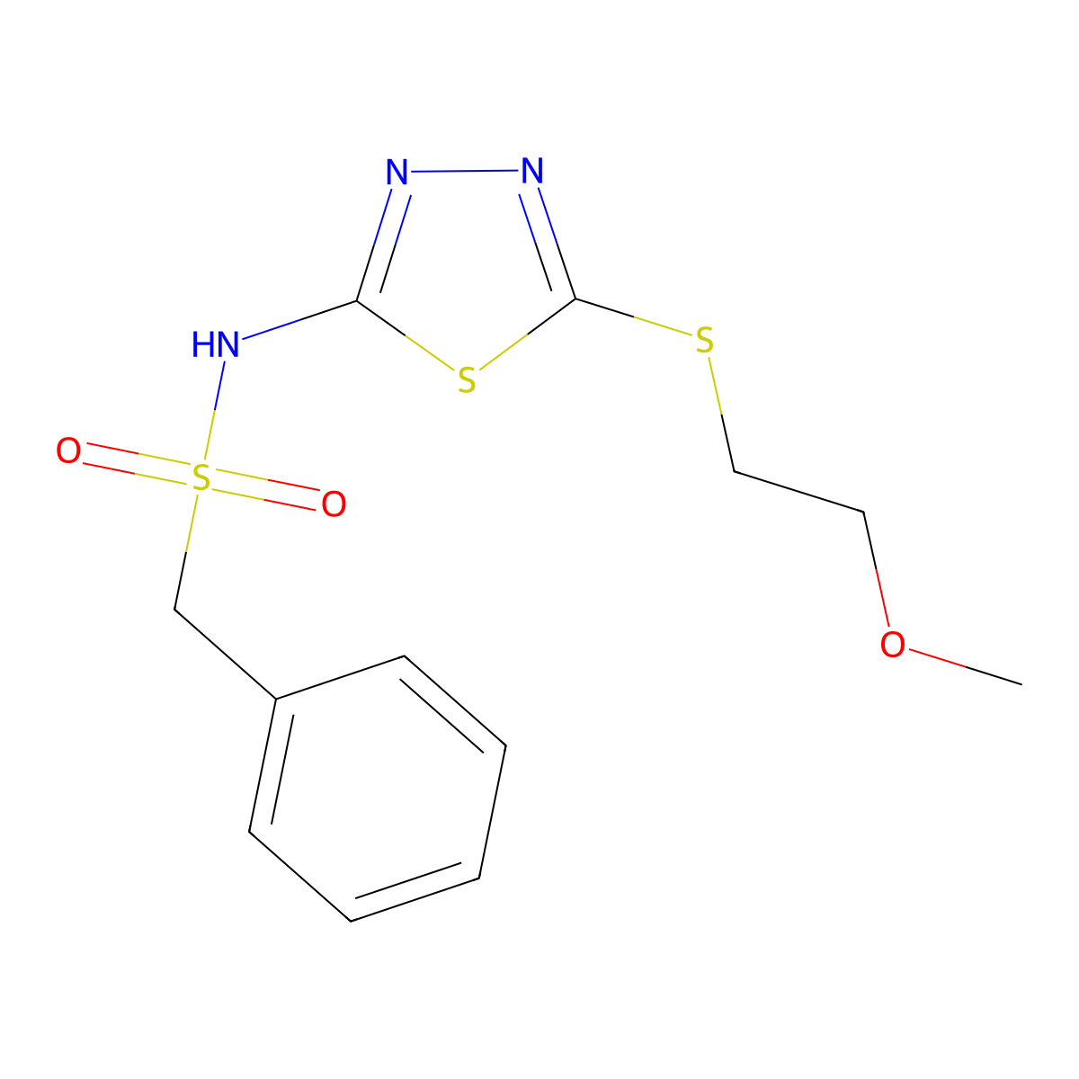 N-[5-(2-methoxyethylsulfanyl)-1,3,4-thiadiazol-2-yl]-1-phenylmethanesulfonamide molecular structure, CAS 710975-02-3