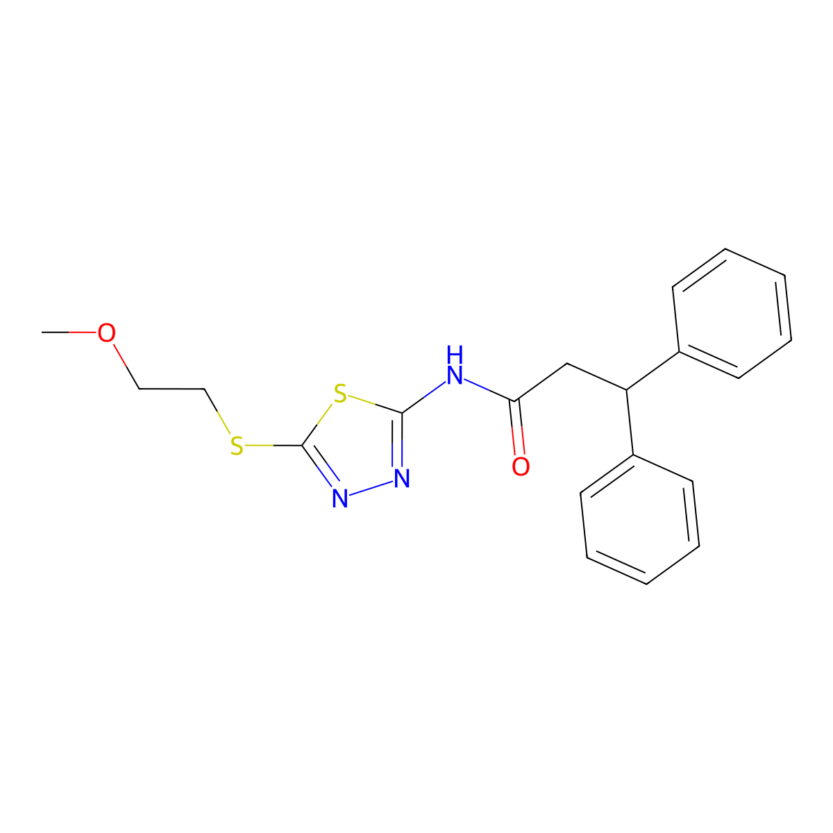 N-[5-(2-methoxyethylsulfanyl)-1,3,4-thiadiazol-2-yl]-3,3-diphenylpropanamide molecular structure, CAS 710977-09-6