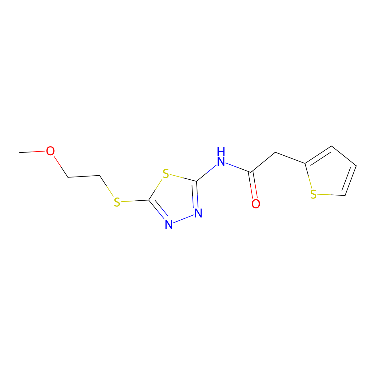 N-[5-(2-methoxyethylsulfanyl)-1,3,4-thiadiazol-2-yl]-2-thiophen-2-ylacetamide molecular structure, CAS 710978-80-6