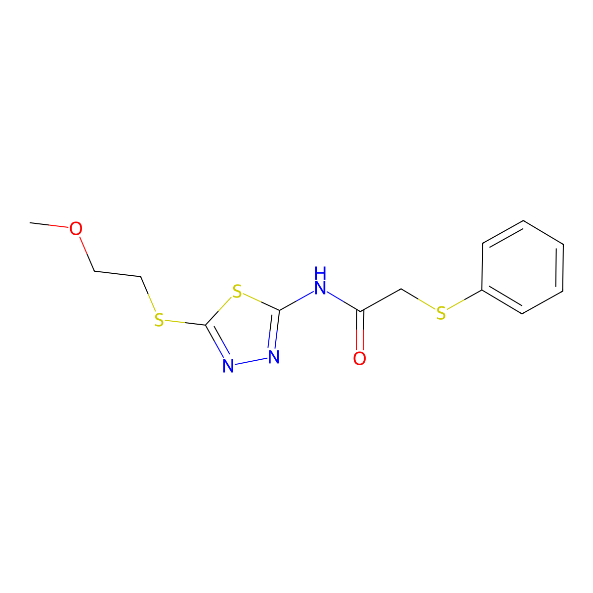 N-[5-(2-methoxyethylsulfanyl)-1,3,4-thiadiazol-2-yl]-2-phenylsulfanylacetamide molecular structure, CAS 710980-29-3