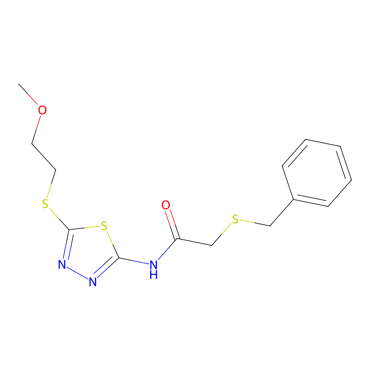 2-benzylsulfanyl-N-[5-(2-methoxyethylsulfanyl)-1,3,4-thiadiazol-2-yl]acetamide molecular structure, CAS 710980-58-8