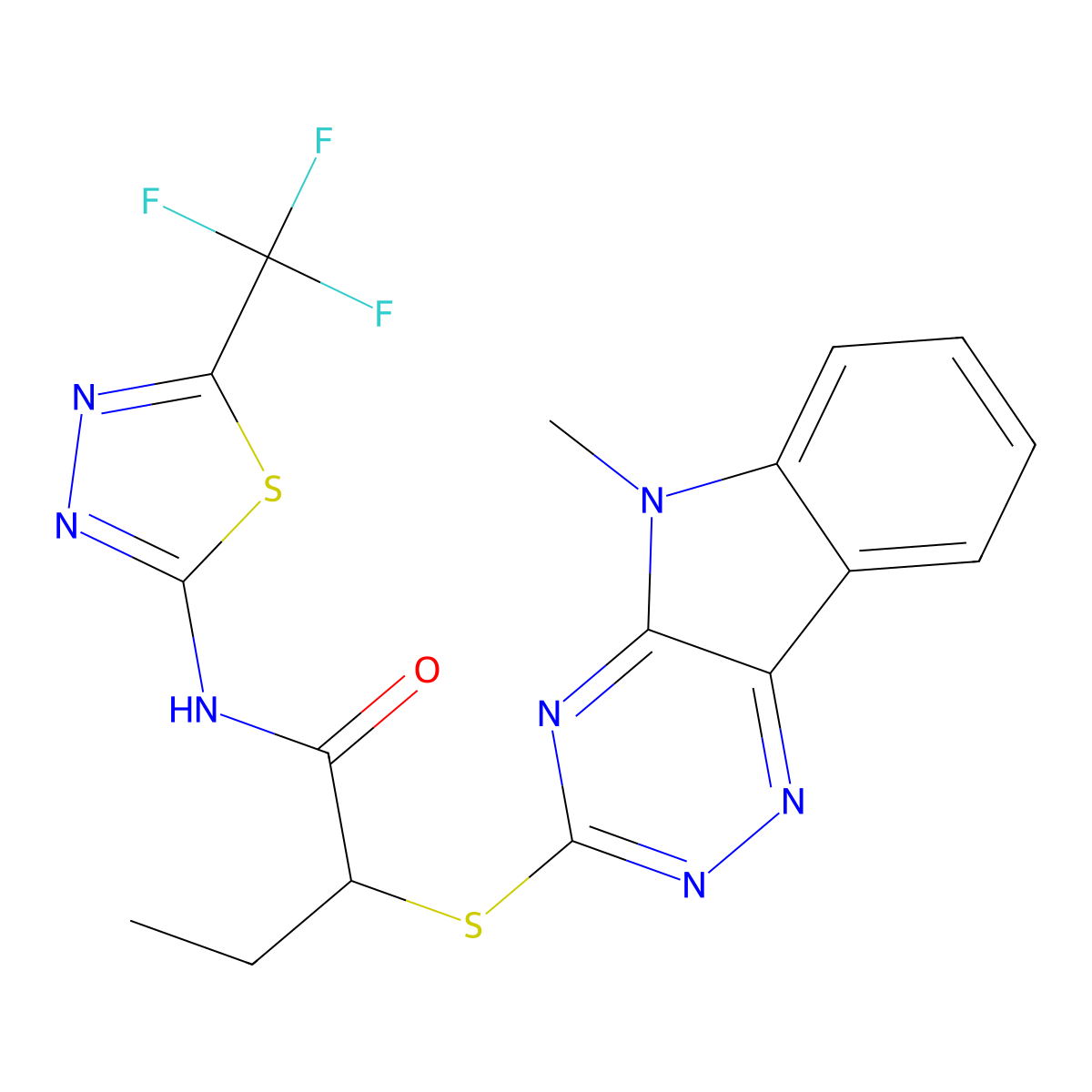 2-[(5-methyl-[1,2,4]triazino[5,6-b]indol-3-yl)sulfanyl]-N-[5-(trifluoromethyl)-1,3,4-thiadiazol-2-yl]butanamide molecular structure, CAS 710982-08-4