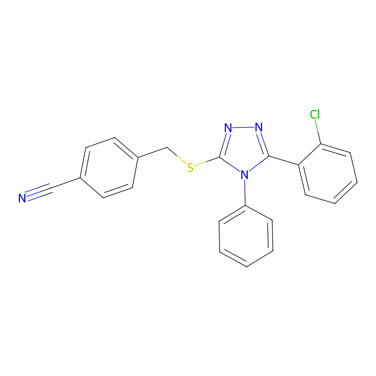 4-[[5-(2-Chlorophenyl)-4-phenyl-1,2,4-triazol-3-yl]sulfanylmethyl]benzonitrile molecular structure, CAS 710982-48-2