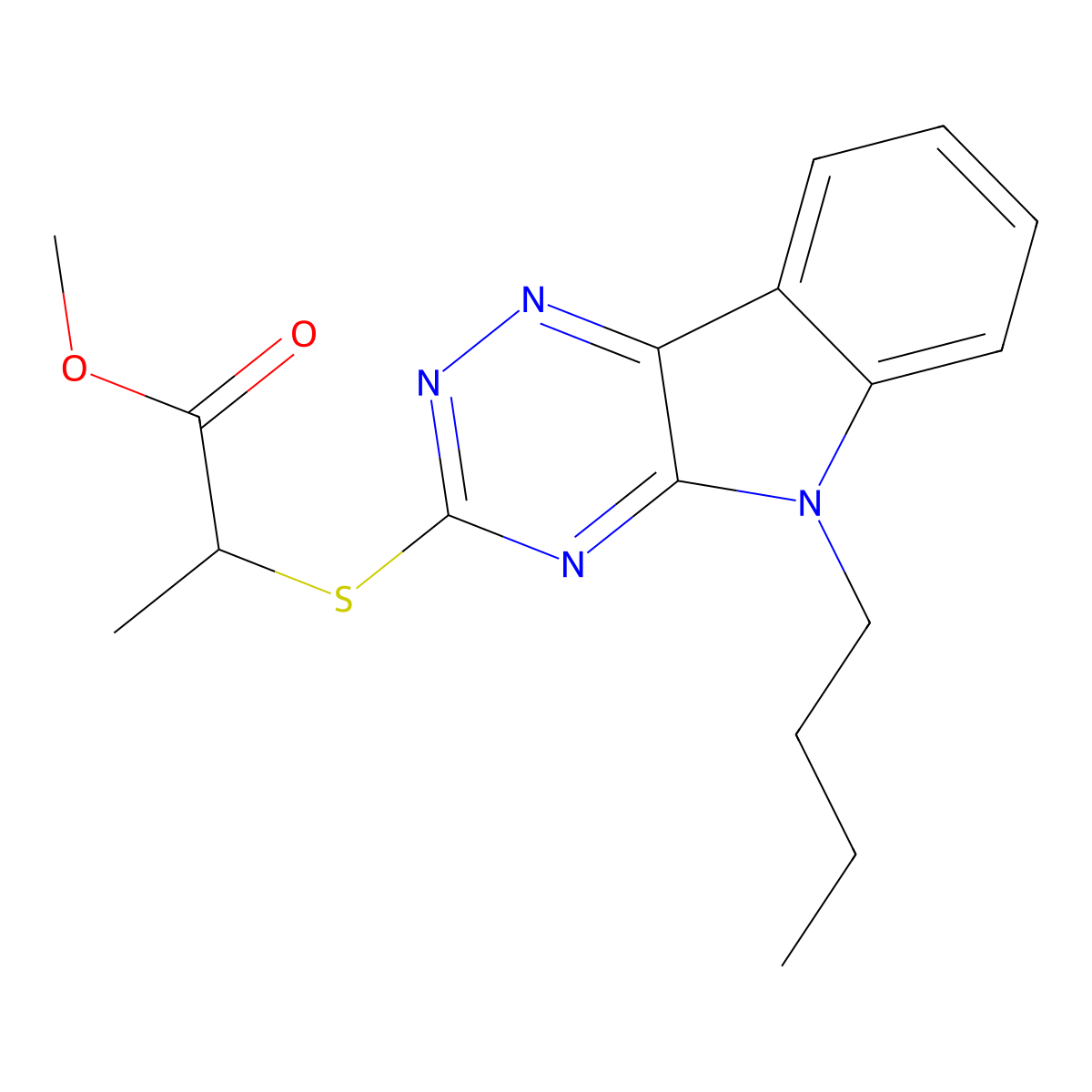 methyl 2-[(5-butyl-5H-[1,2,4]triazino[5,6-b]indol-3-yl)sulfanyl]propanoate molecular structure, CAS 710983-25-8