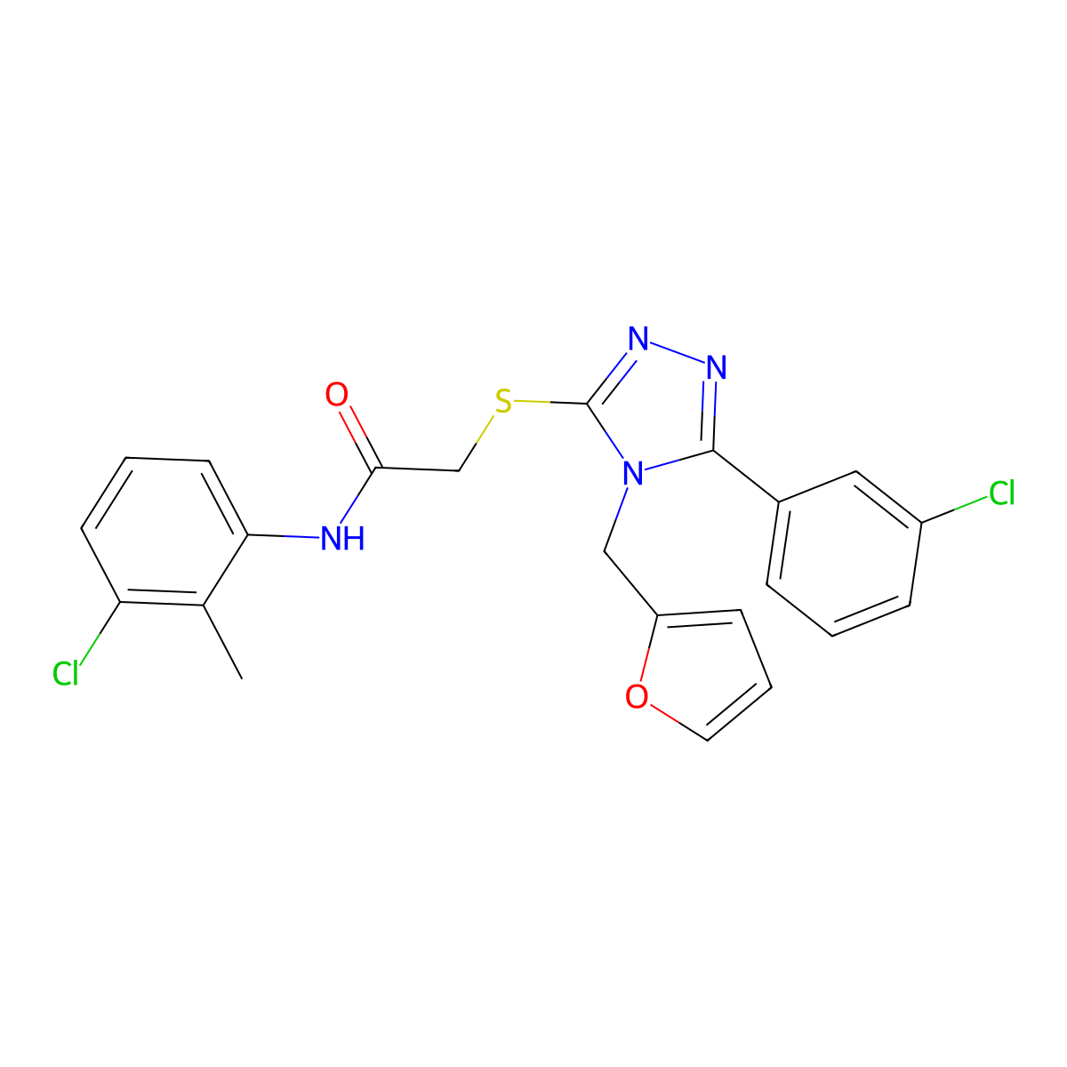 N-(3-chloro-2-methylphenyl)-2-[[5-(3-chlorophenyl)-4-(furan-2-ylmethyl)-1,2,4-triazol-3-yl]sulfanyl]acetamide molecular structure, CAS 710983-49-6