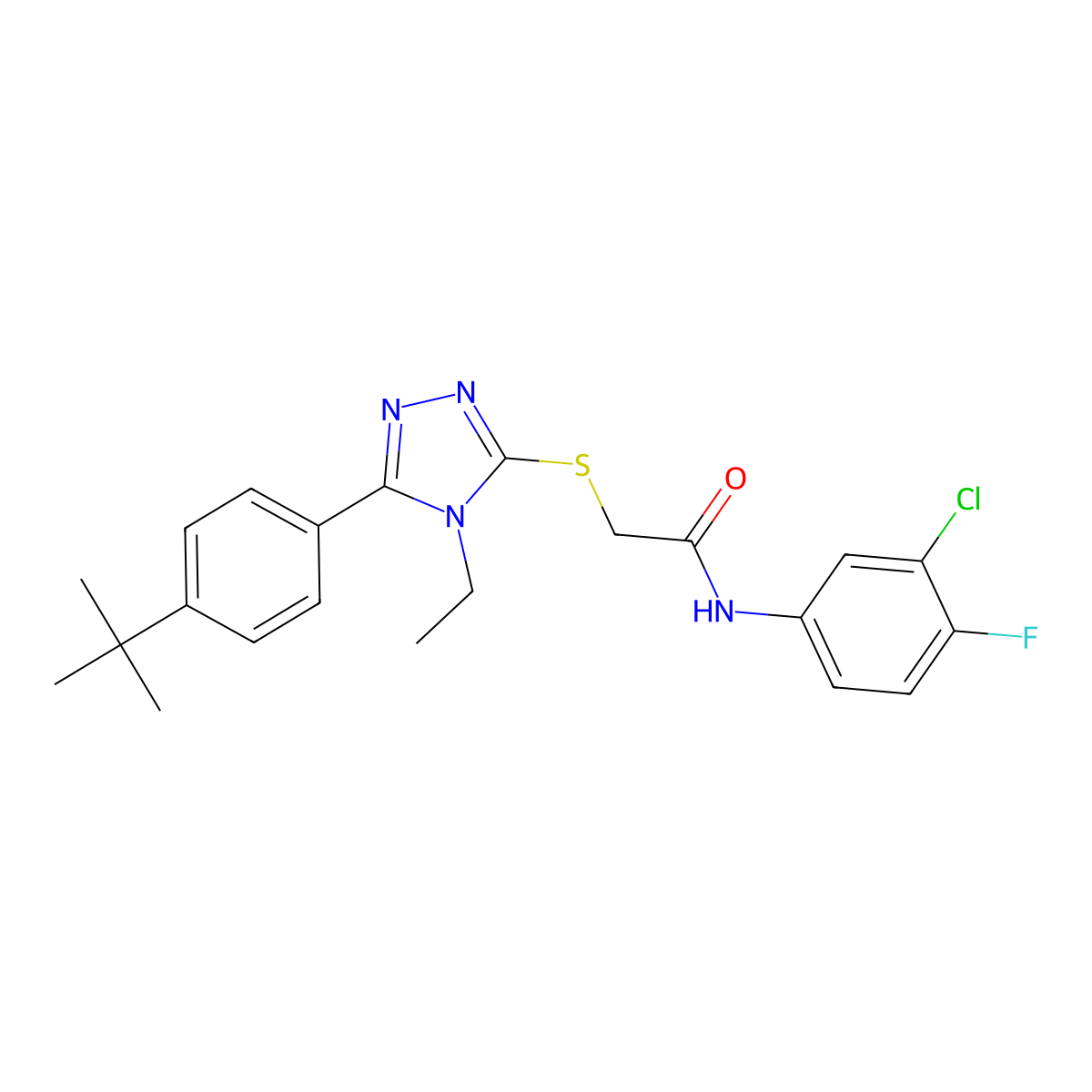 2-[[5-(4-tert-butylphenyl)-4-ethyl-1,2,4-triazol-3-yl]sulfanyl]-N-(3-chloro-4-fluorophenyl)acetamide molecular structure, CAS 710985-57-2