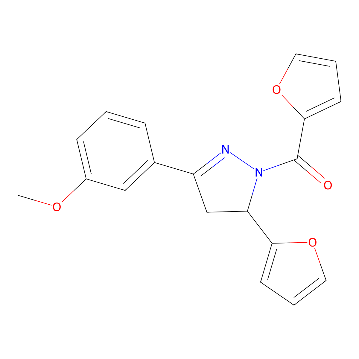 Furan-2-yl-[3-(furan-2-yl)-5-(3-methoxyphenyl)-3,4-dihydropyrazol-2-yl]methanone molecular structure, CAS 710985-97-0