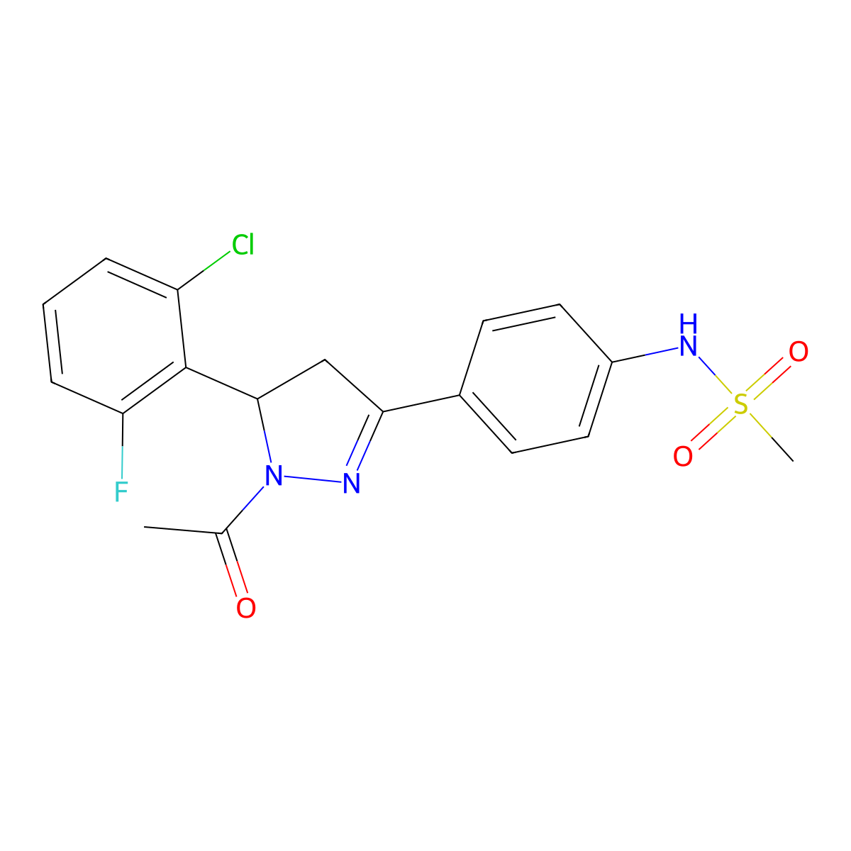 N-[4-[2-acetyl-3-(2-chloro-6-fluorophenyl)-3,4-dihydropyrazol-5-yl]phenyl]methanesulfonamide molecular structure, CAS 710986-31-5
