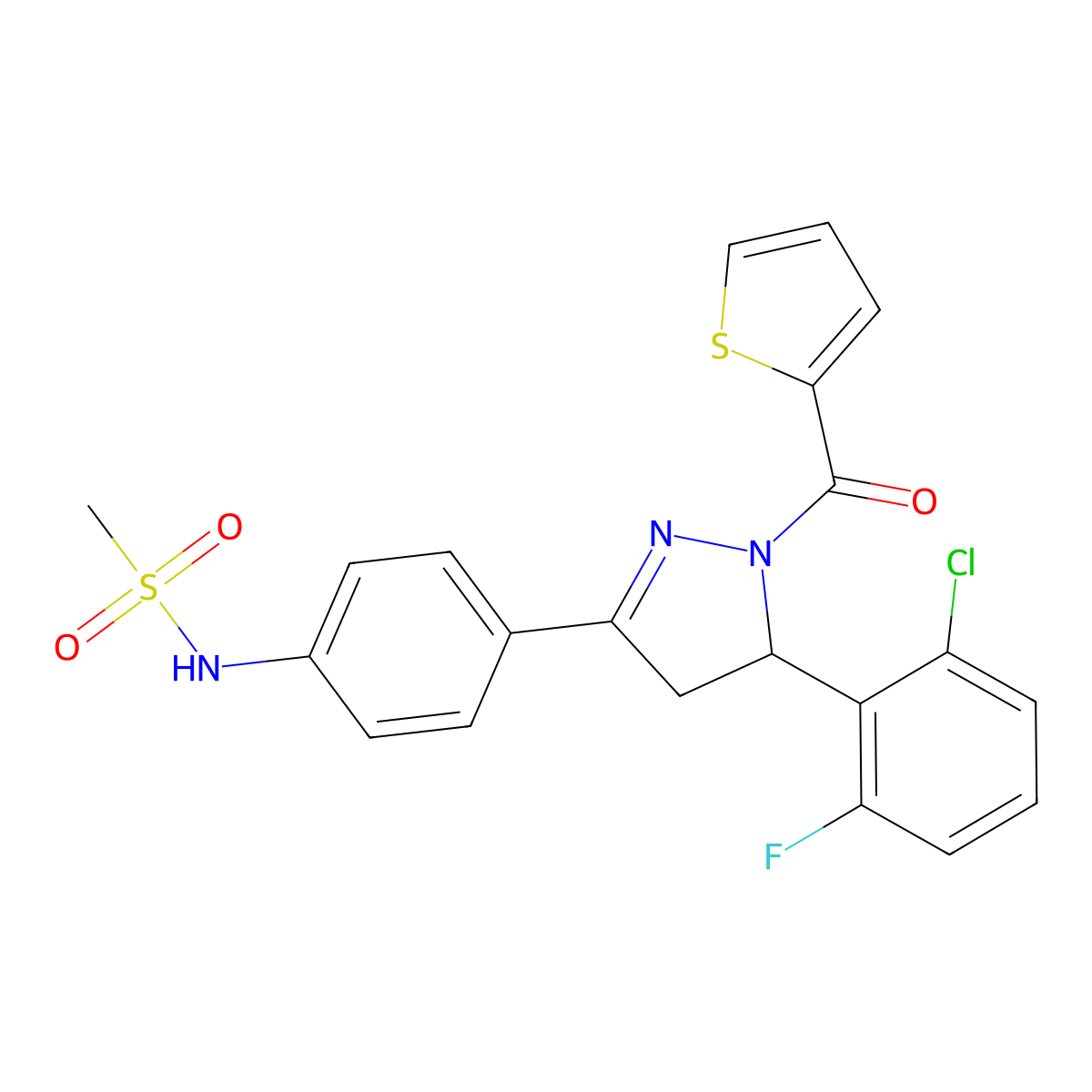N-(4-(5-(2-chloro-6-fluorophenyl)-1-(thiophene-2-carbonyl)-4,5-dihydro-1H-pyrazol-3-yl)phenyl)methanesulfonamide molecular structure, CAS 710986-35-9