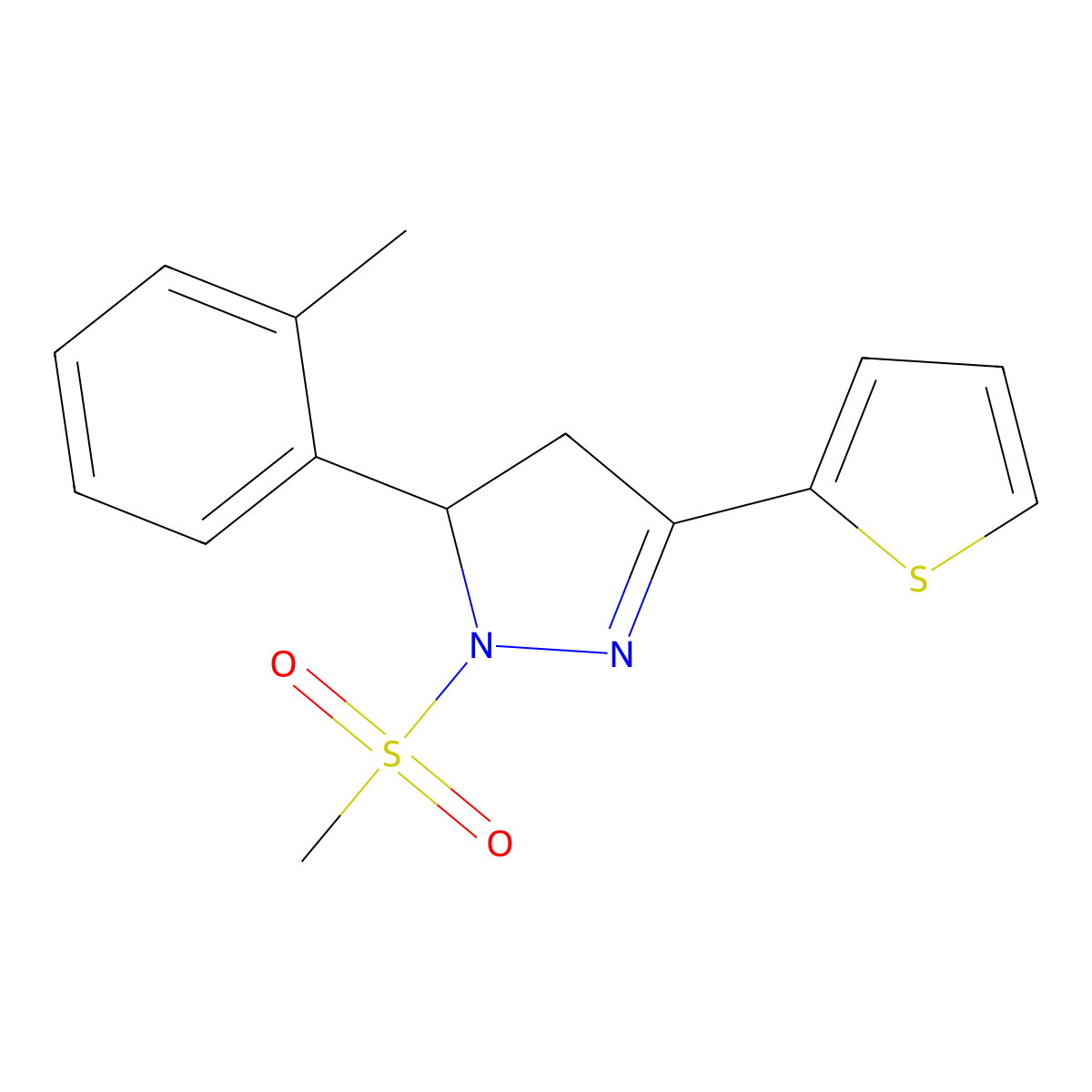 3-(2-Methylphenyl)-2-methylsulfonyl-5-thiophen-2-yl-3,4-dihydropyrazole molecular structure, CAS 710986-67-7