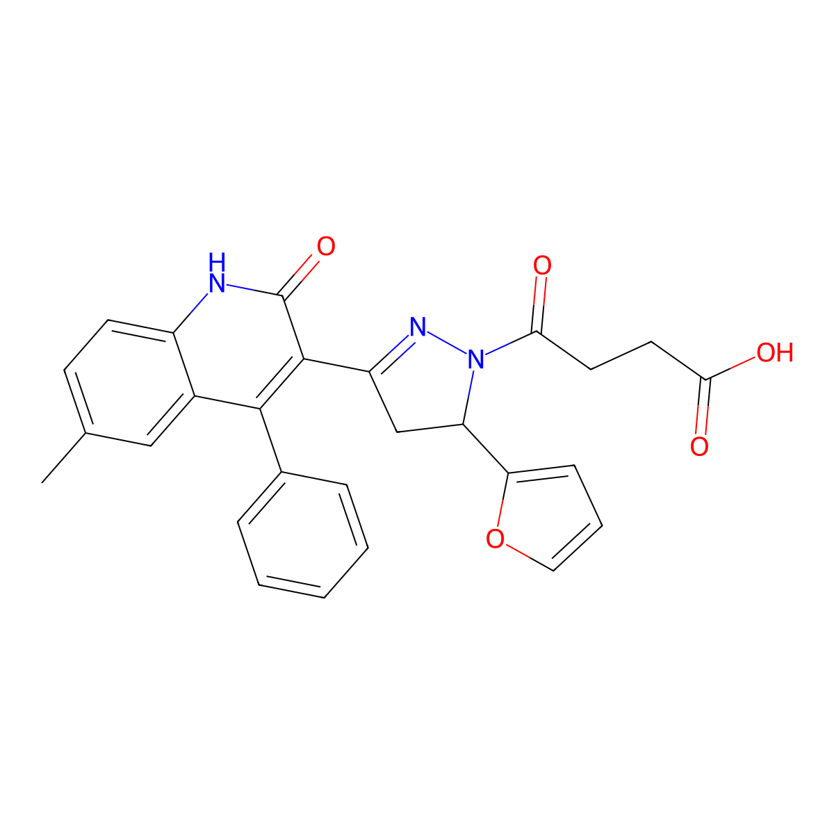 4-(5-(furan-2-yl)-3-(6-methyl-2-oxo-4-phenyl-1,2-dihydroquinolin-3-yl)-4,5-dihydro-1H-pyrazol-1-yl)-4-oxobutanoic acid molecular structure, CAS 710986-95-1