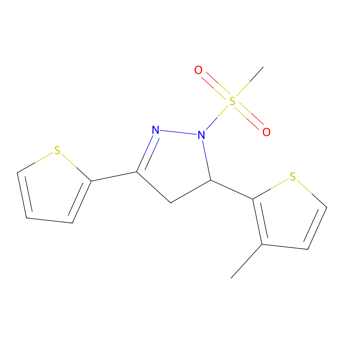 2-Methylsulfonyl-3-(3-methylthiophen-2-yl)-5-thiophen-2-yl-3,4-dihydropyrazole molecular structure, CAS 710987-02-3