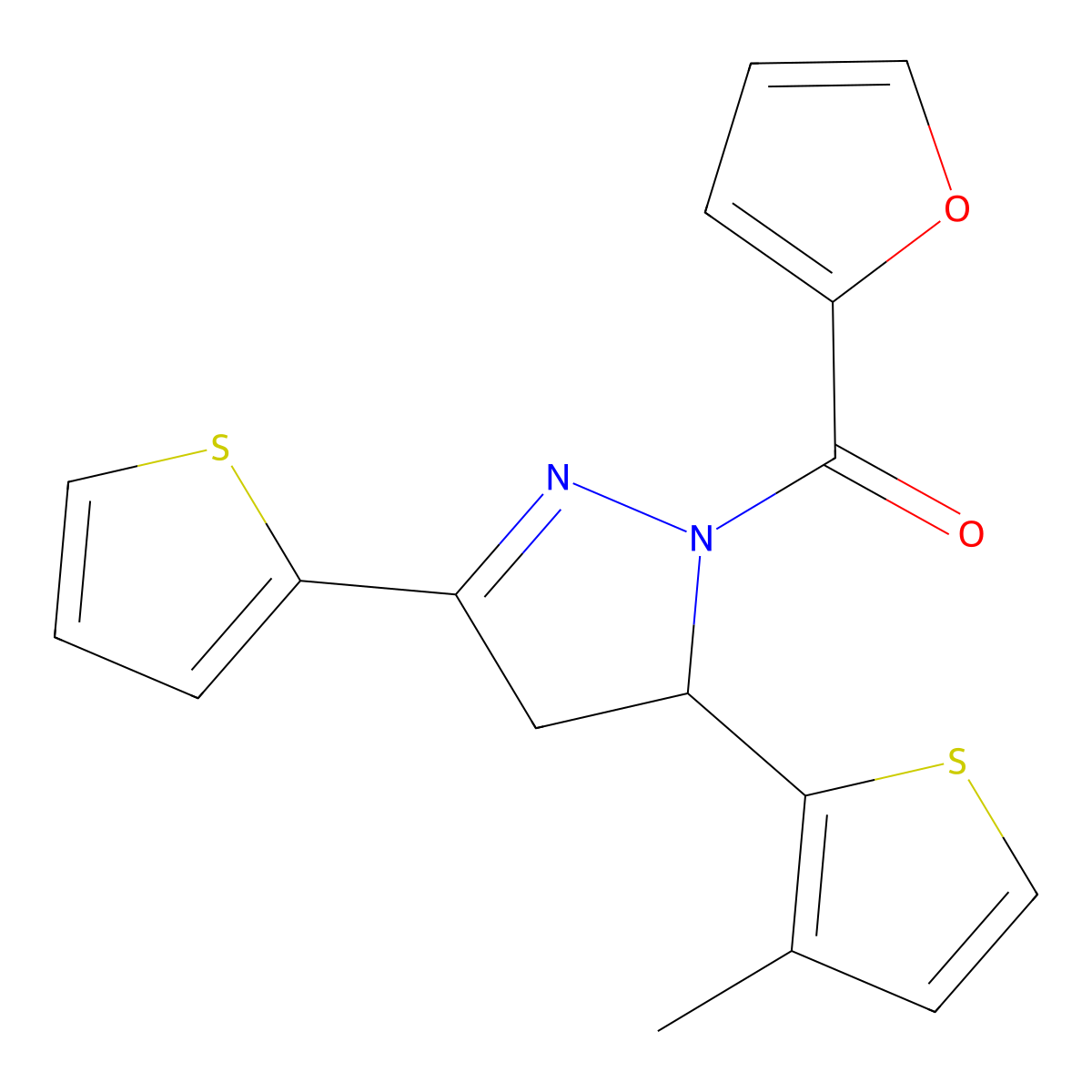 Furan-2-yl-[3-(3-methylthiophen-2-yl)-5-thiophen-2-yl-3,4-dihydropyrazol-2-yl]methanone molecular structure, CAS 710987-06-7