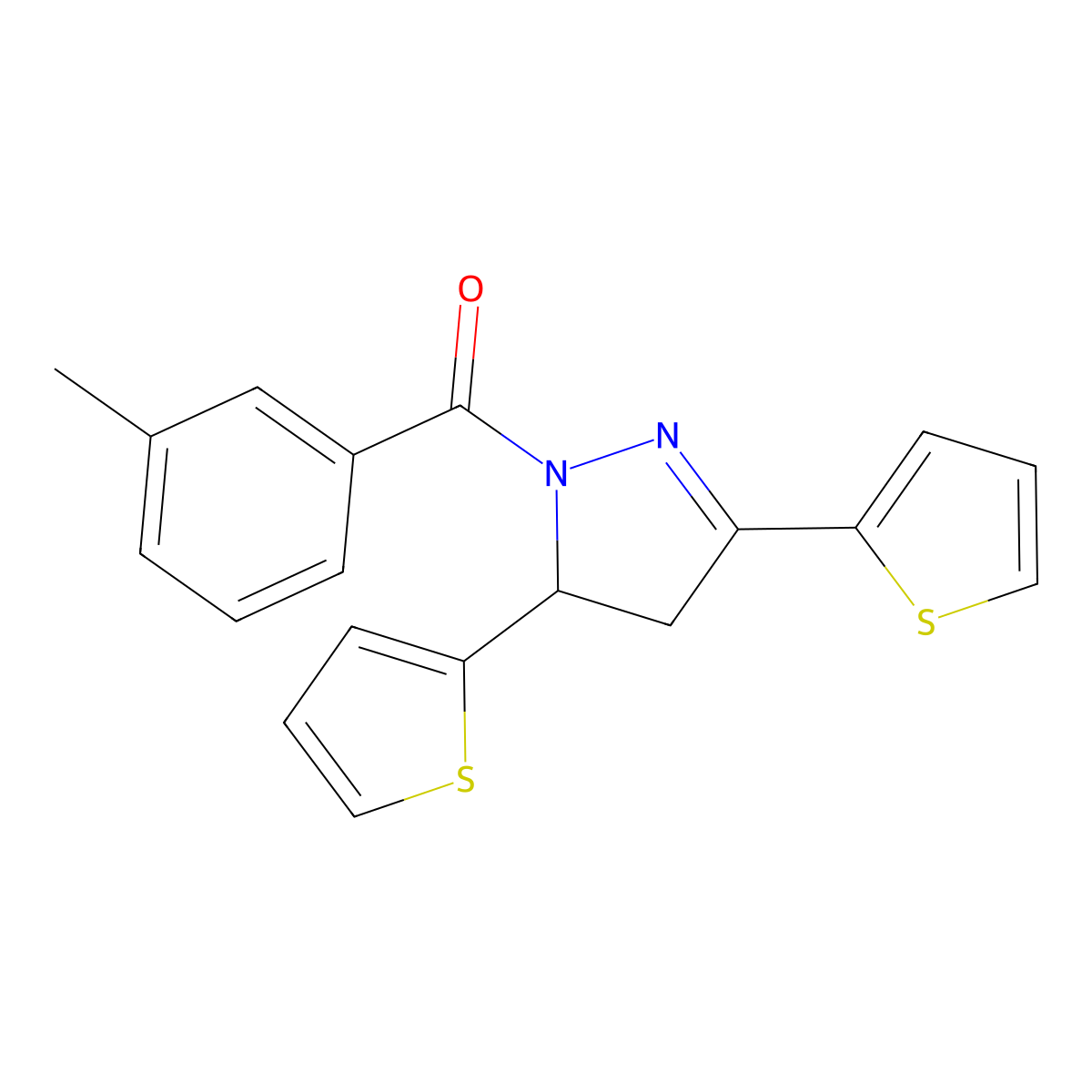 (3,5-Dithiophen-2-yl-3,4-dihydropyrazol-2-yl)-(3-methylphenyl)methanone molecular structure, CAS 710987-26-1