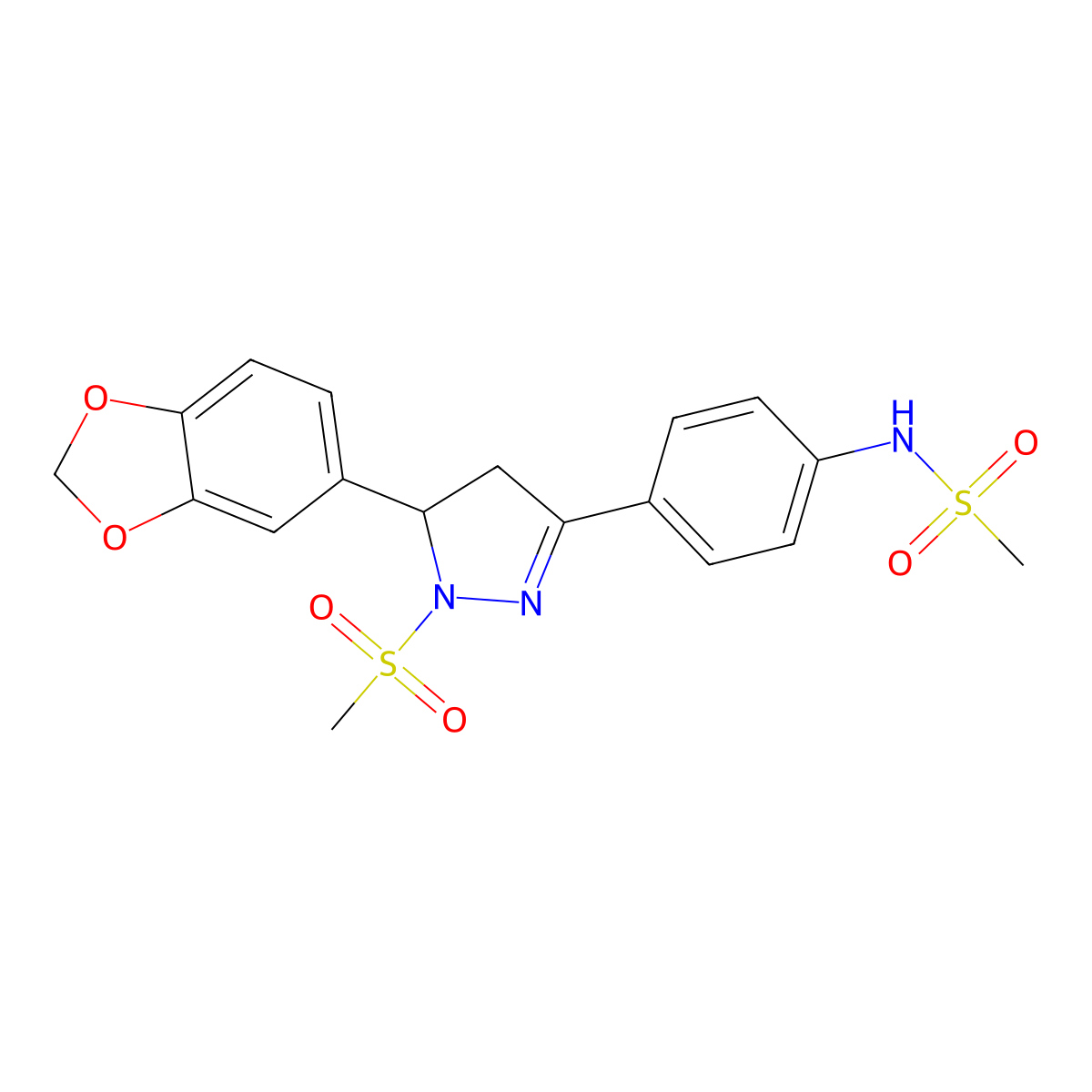 N-[4-[3-(1,3-benzodioxol-5-yl)-2-methylsulfonyl-3,4-dihydropyrazol-5-yl]phenyl]methanesulfonamide molecular structure, CAS 710987-29-4