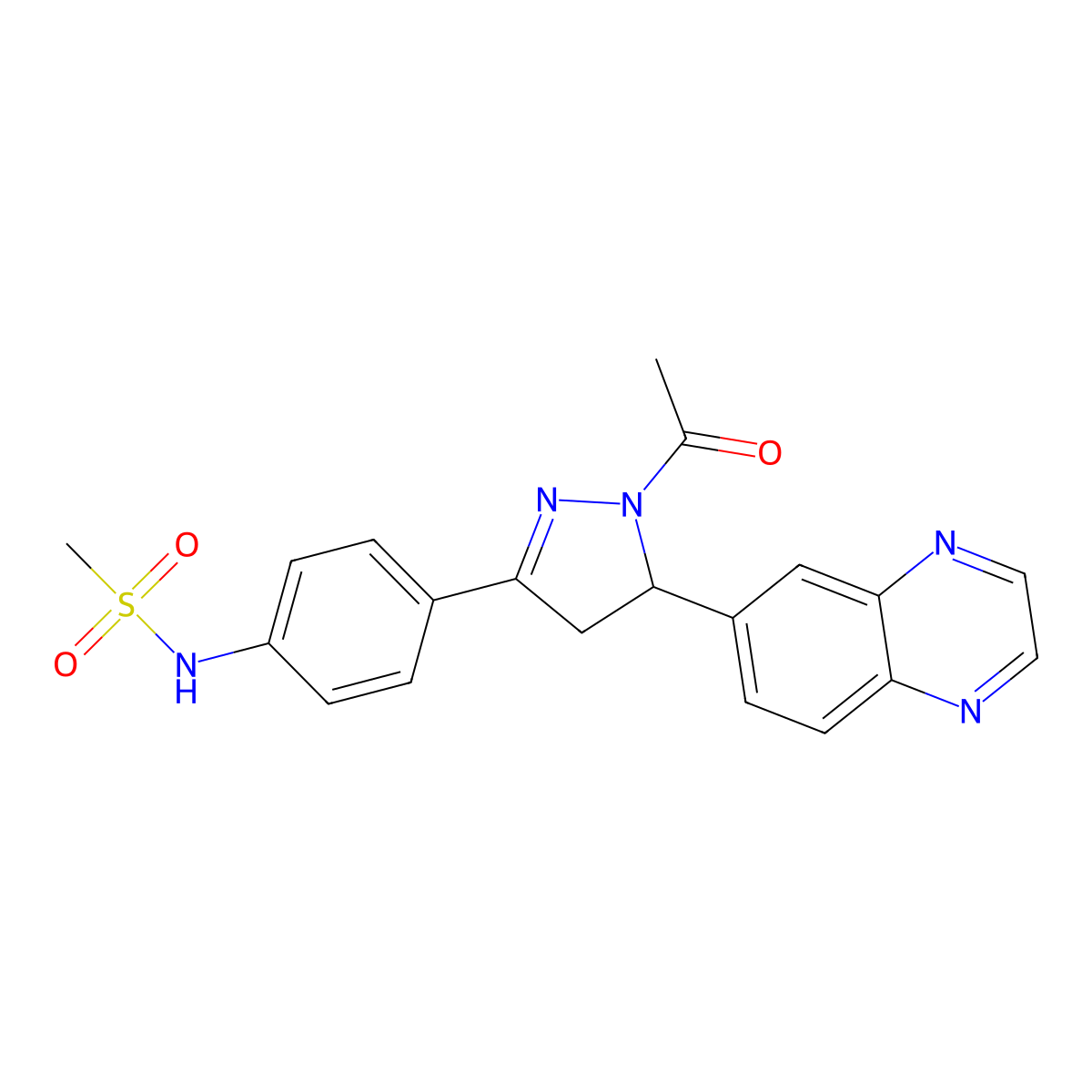 N-[4-(2-acetyl-3-quinoxalin-6-yl-3,4-dihydropyrazol-5-yl)phenyl]methanesulfonamide molecular structure, CAS 710987-39-6